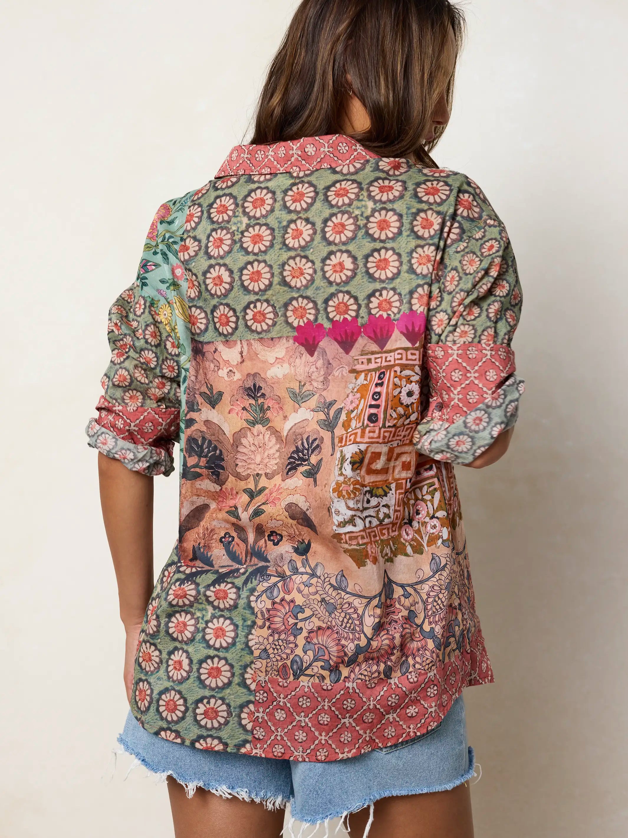 Barcelona Cotton Button Down - Patchwork Medallion Floral