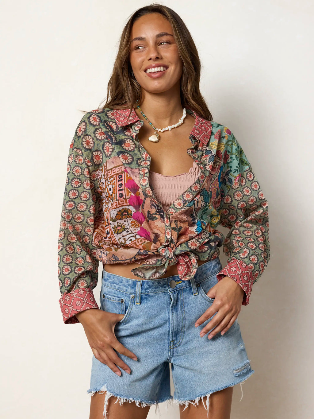 Barcelona Cotton Button Down - Patchwork Medallion Floral