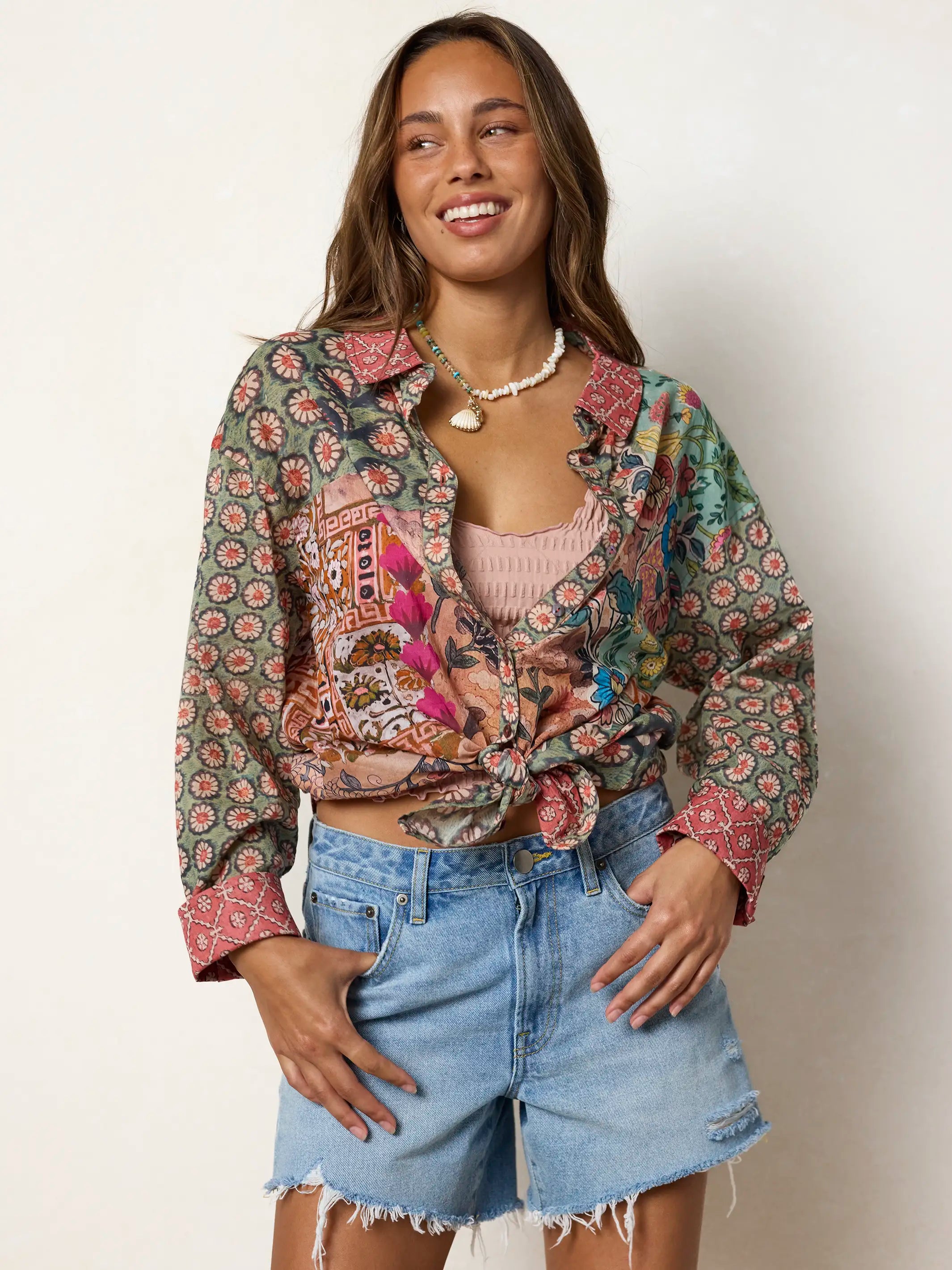 Barcelona Cotton Button Down - Patchwork Medallion Floral