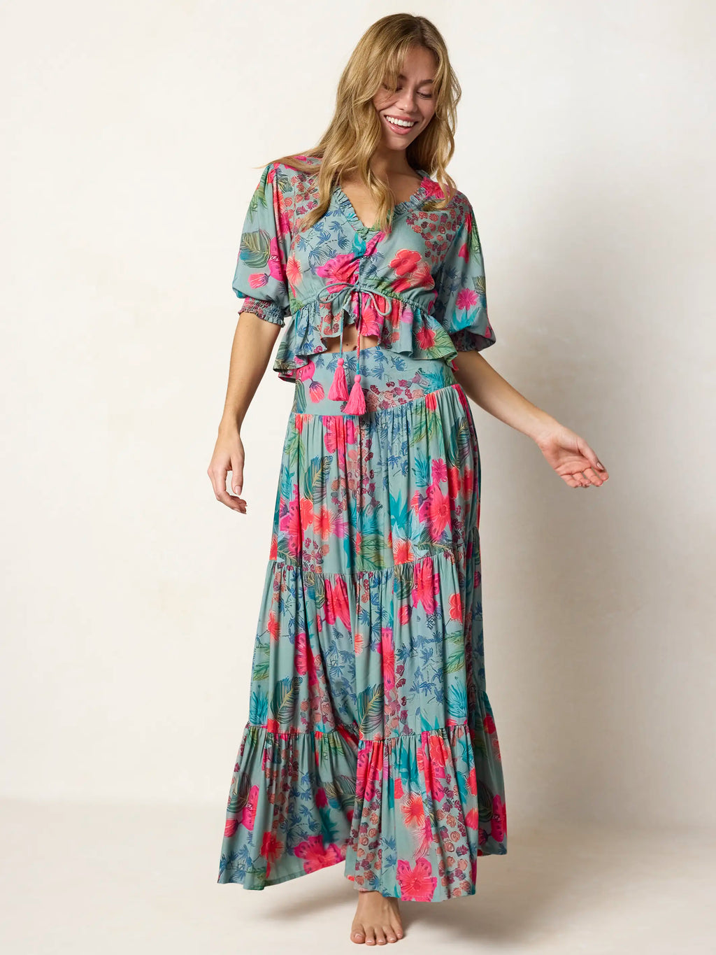Elisa Ruffle Tie Top - Neon Tropical Floral