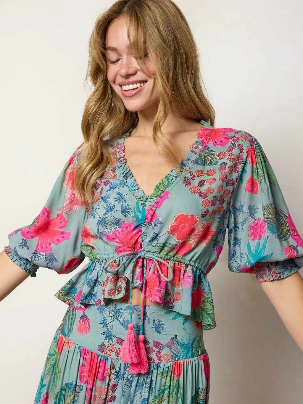 Elisa Ruffle Tie Top - Neon Tropical Floral