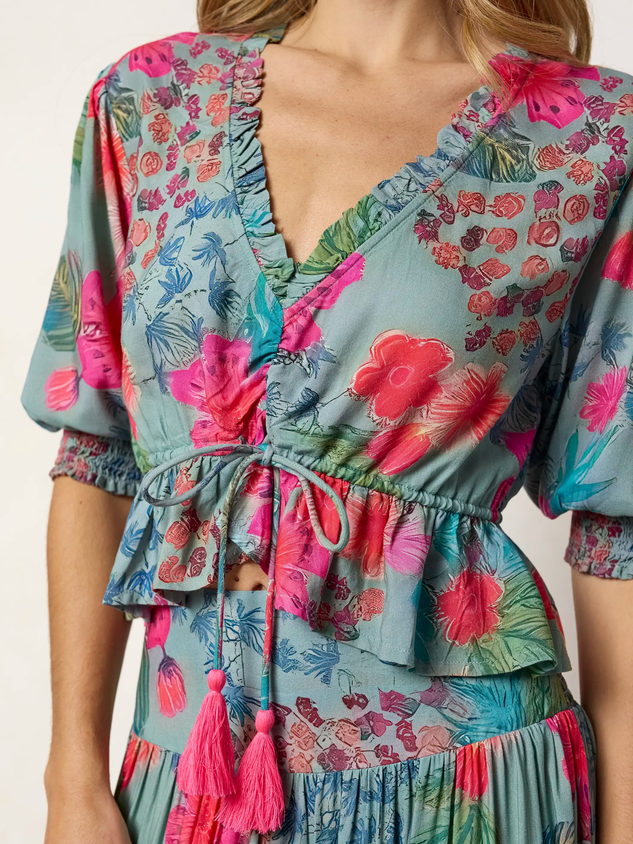 Elisa Ruffle Tie Top - Neon Tropical Floral