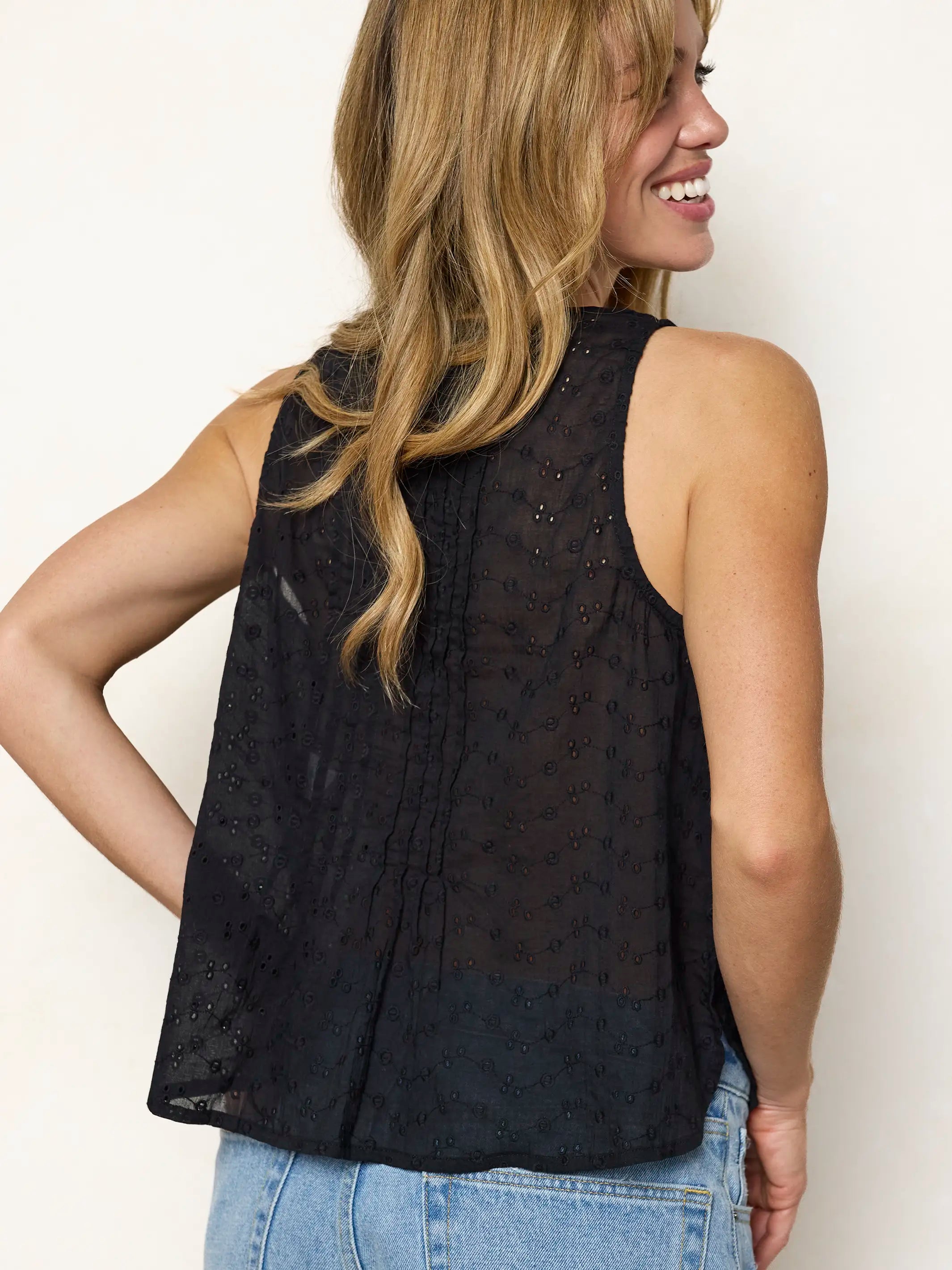 Savannah Sleeveless Cotton Eyelet Top - Black
