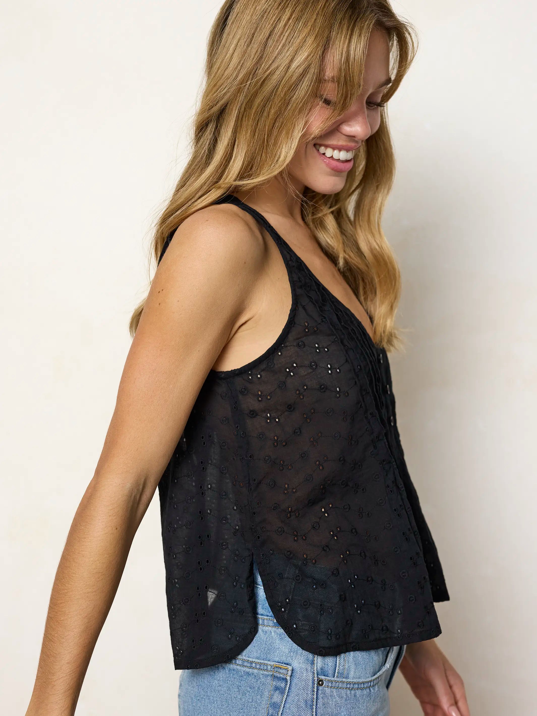 Savannah Sleeveless Cotton Eyelet Top - Black