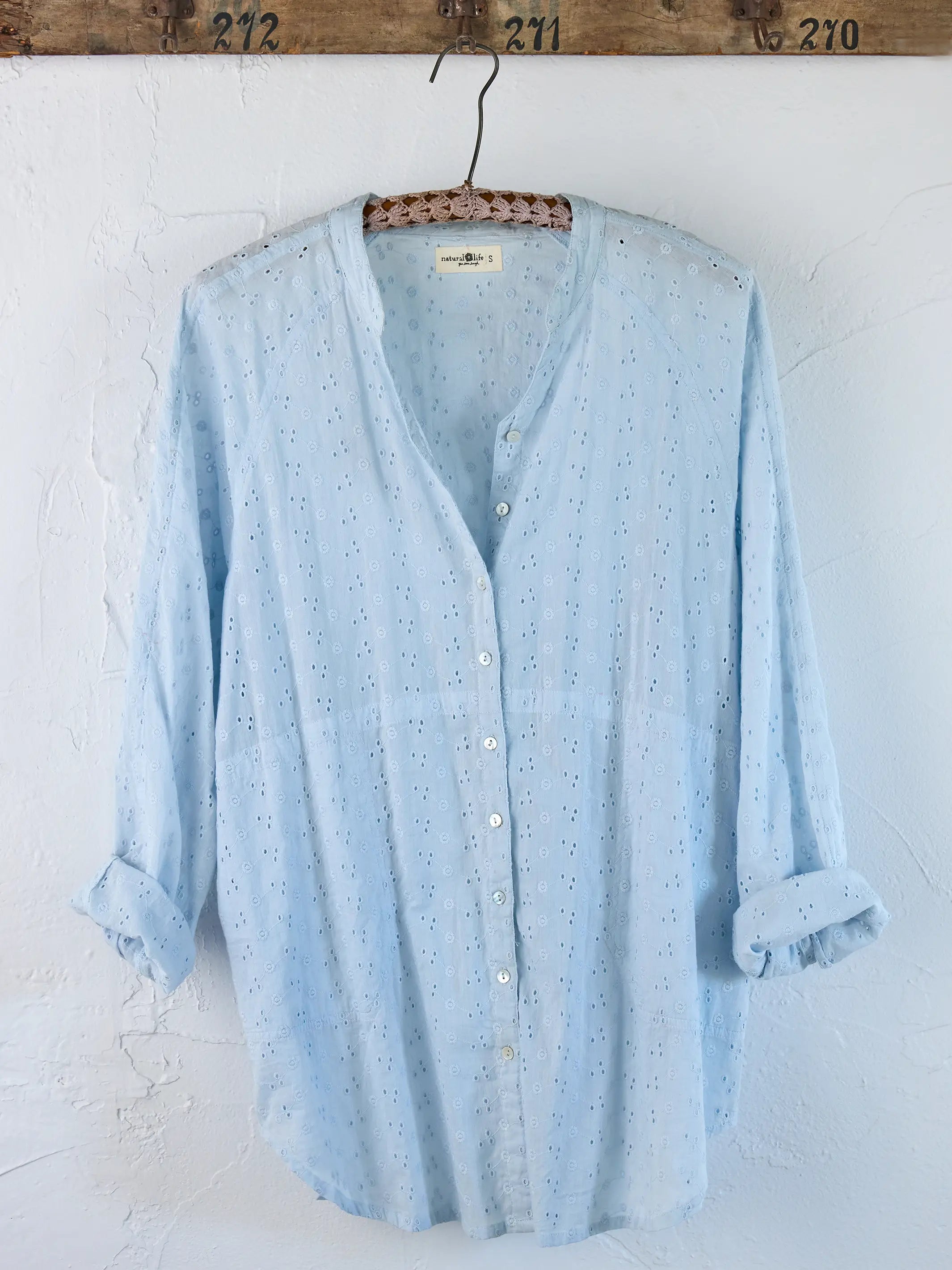 Laid Back Cotton Eyelet Button Down Top - Light Blue