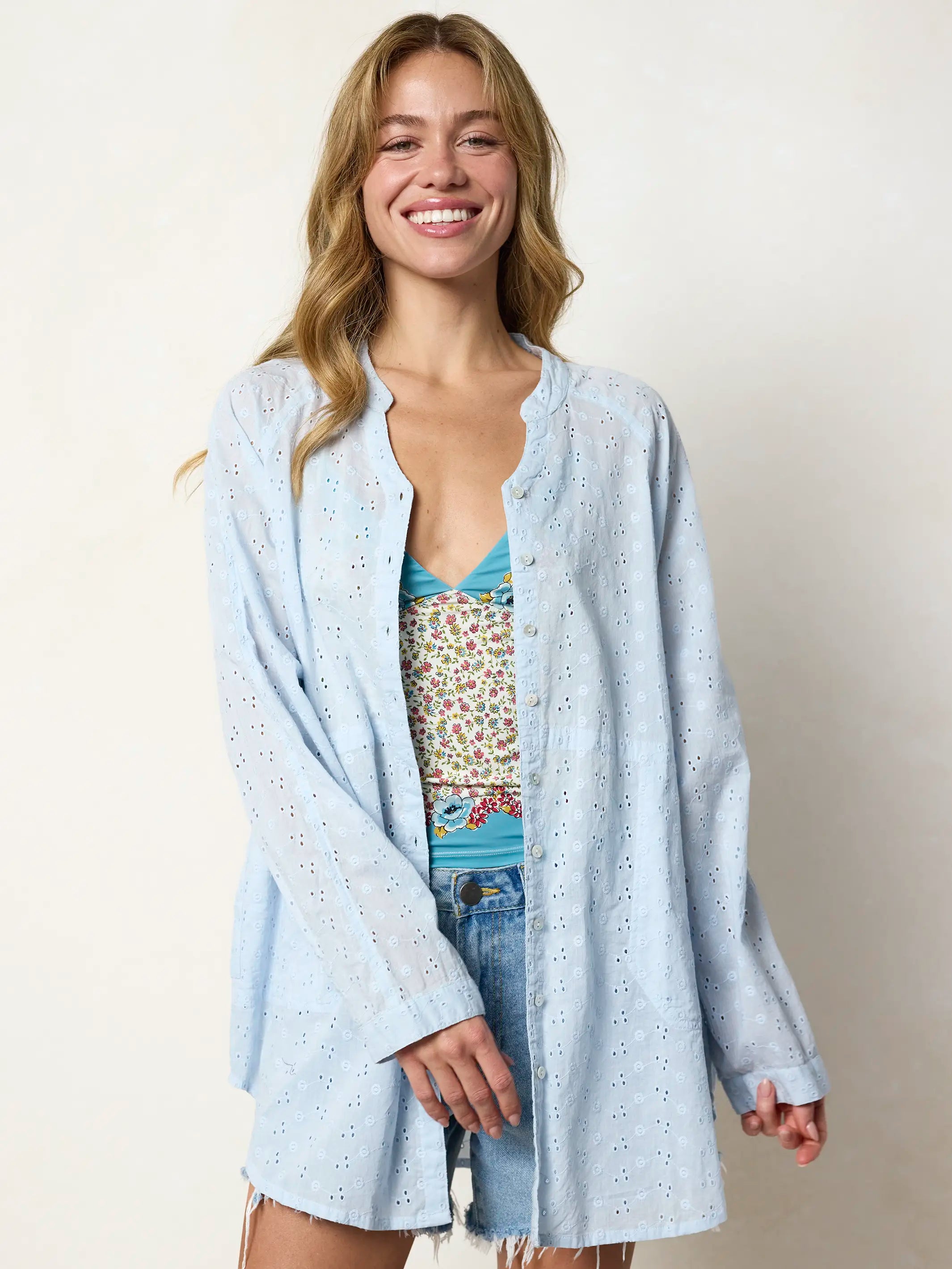 Laid Back Cotton Eyelet Button Down Top - Light Blue