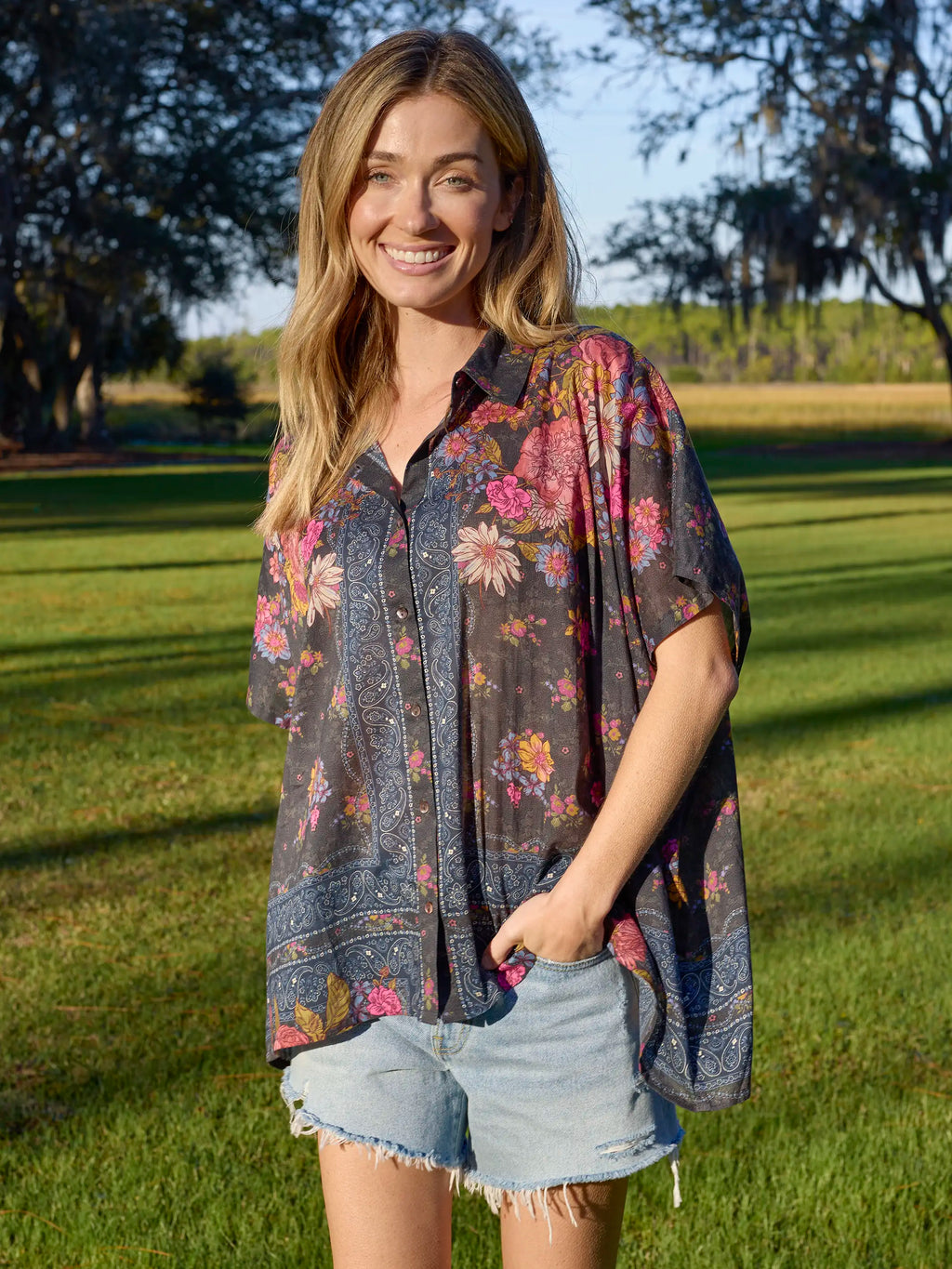 Kelly Oversized Cotton Button Down - English Garden Charcoal