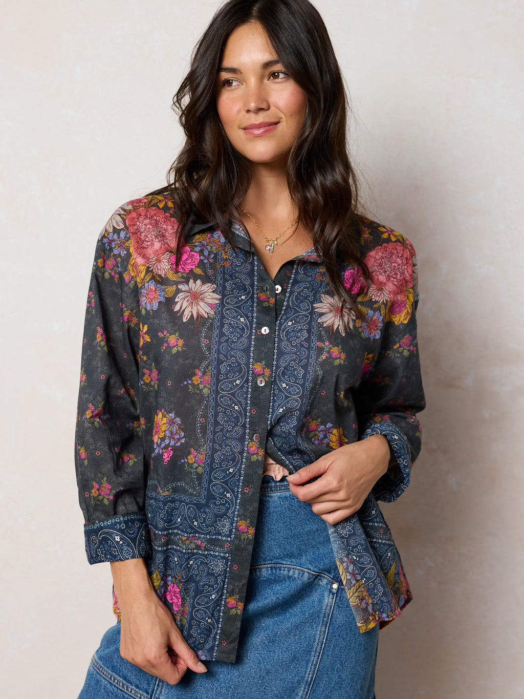 Barcelona Cotton Button Down - English Garden Charcoal