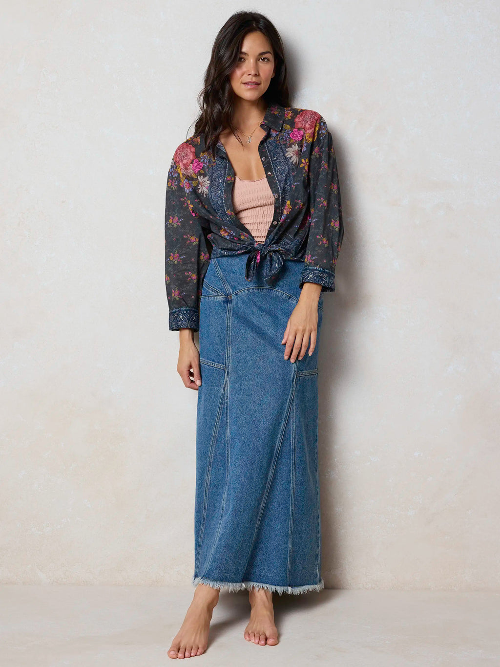 Fitted Cotton Denim Maxi Skirt - Medium Wash