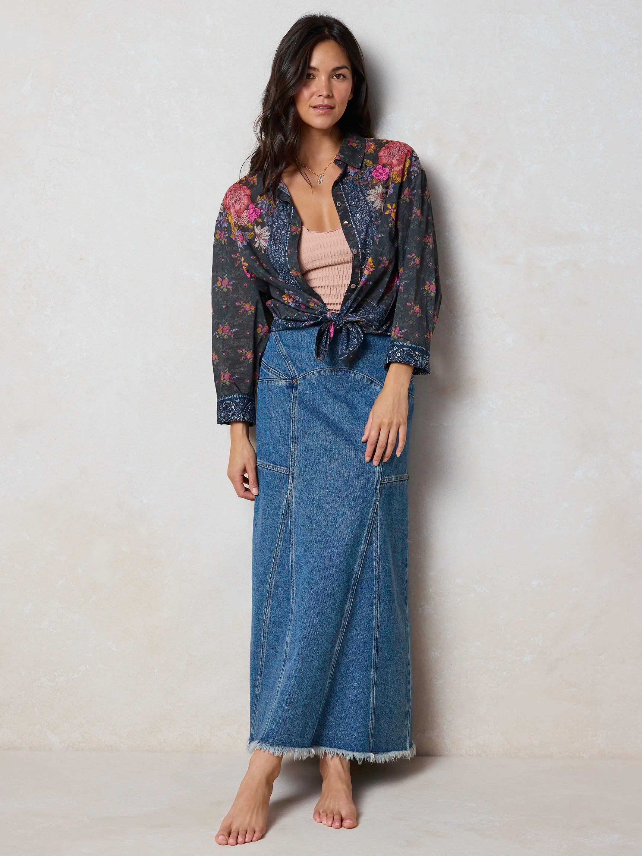 Fitted Cotton Denim Maxi Skirt - Medium Wash