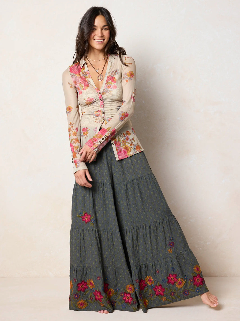 Patti Embroidered Palazzo Pants - Alma Stamp Charcoal
