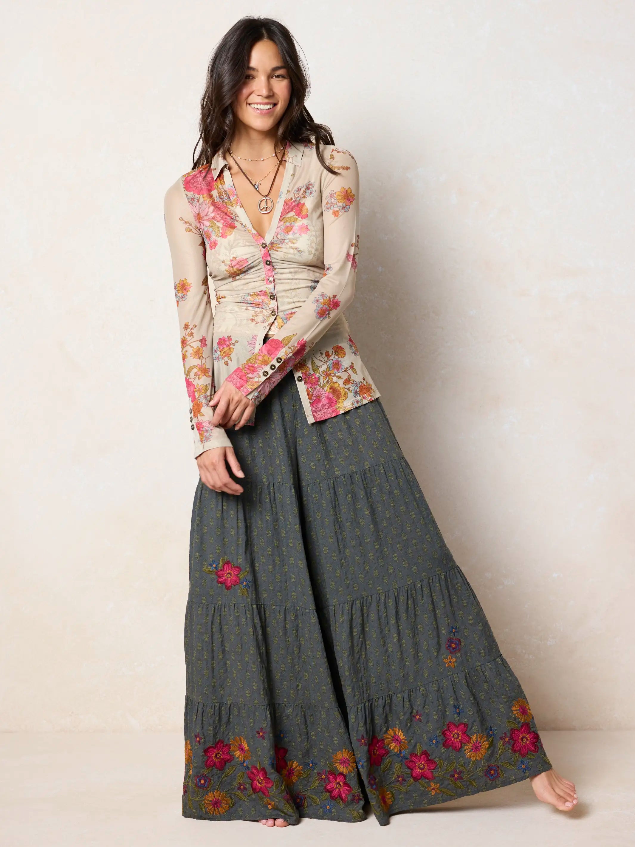 Patti Embroidered Palazzo Pants - Alma Stamp Charcoal