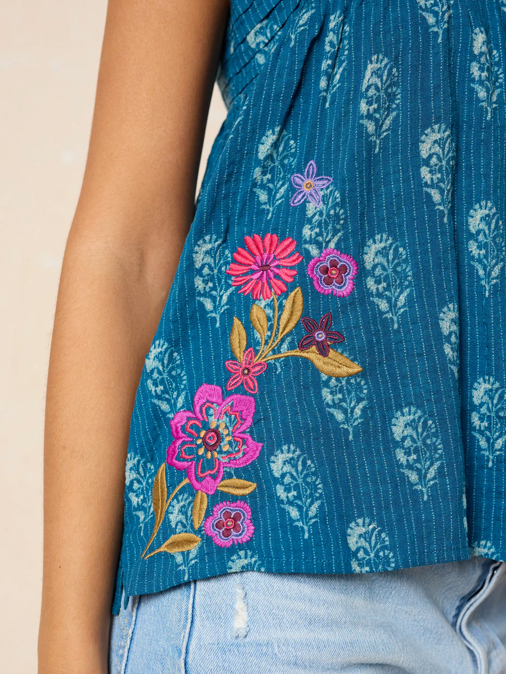 Embroidered Kate Top - Block Stamp Indigo