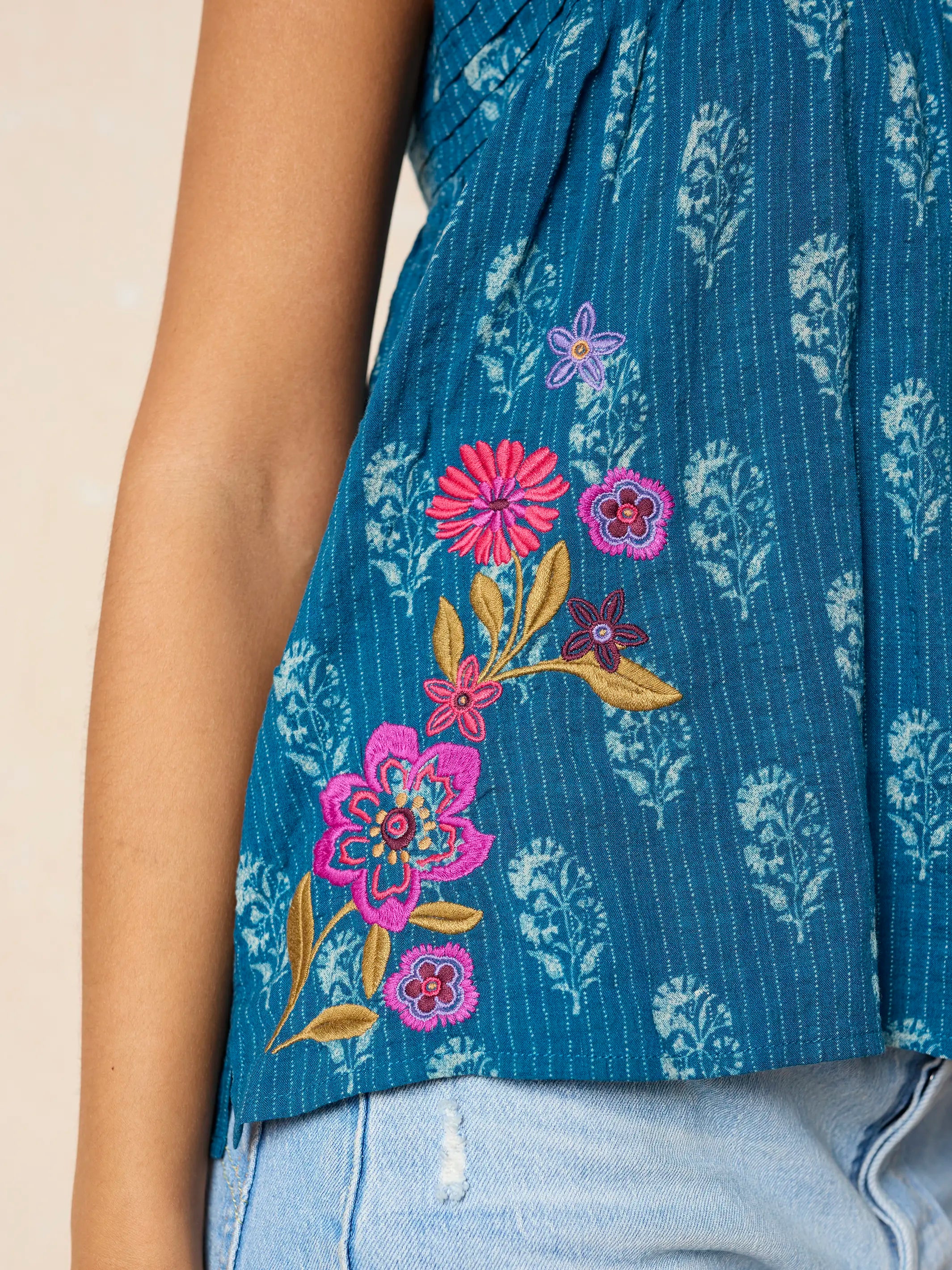 Embroidered Kate Top - Block Stamp Indigo