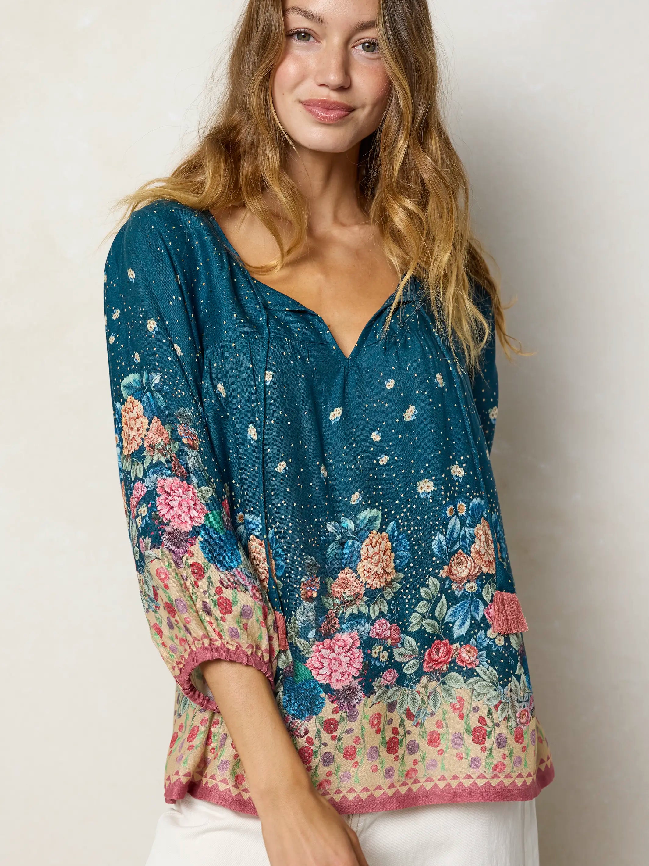 Maribel Top - Dark Teal Carnations