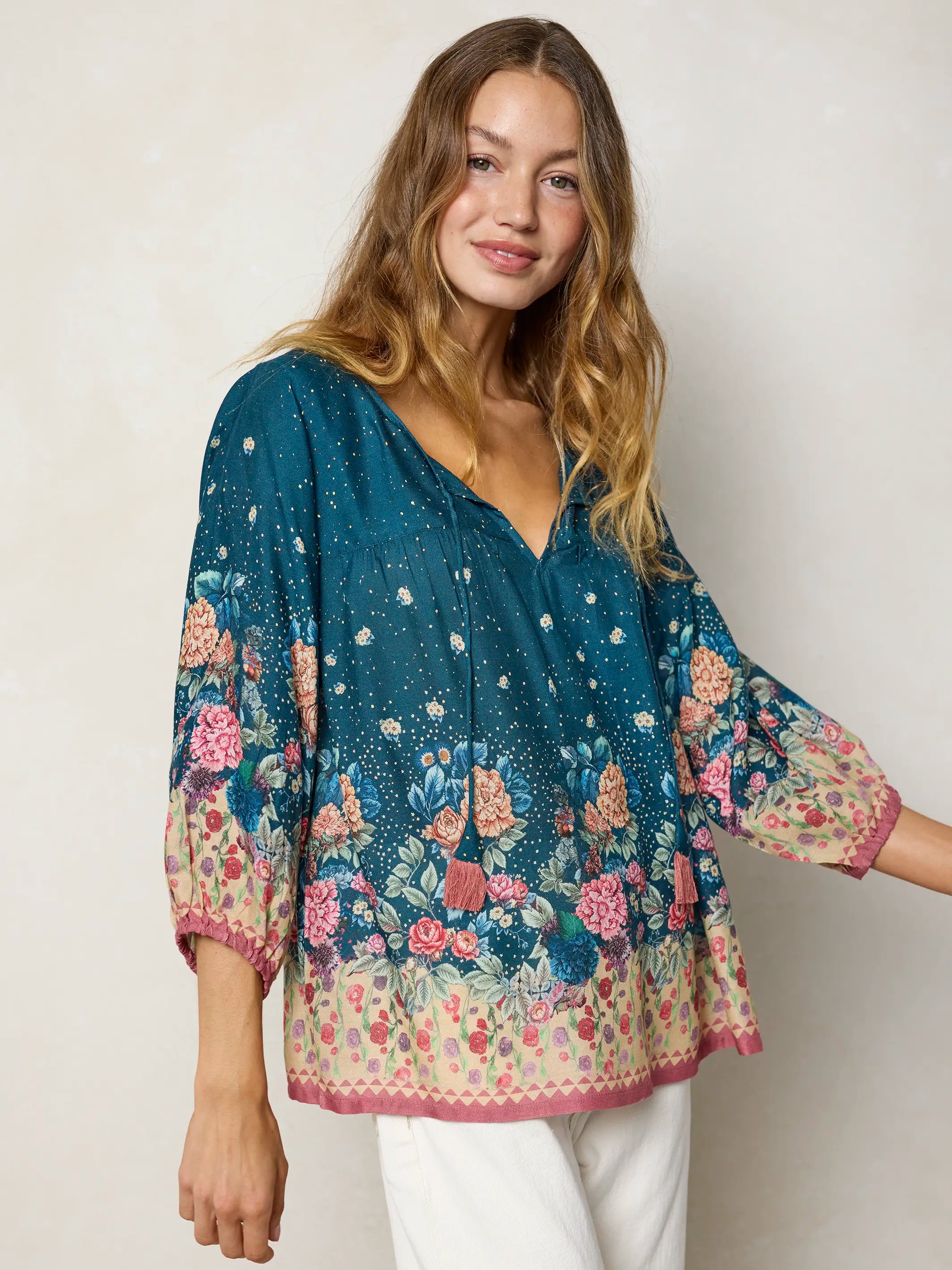 Maribel Top - Dark Teal Carnations