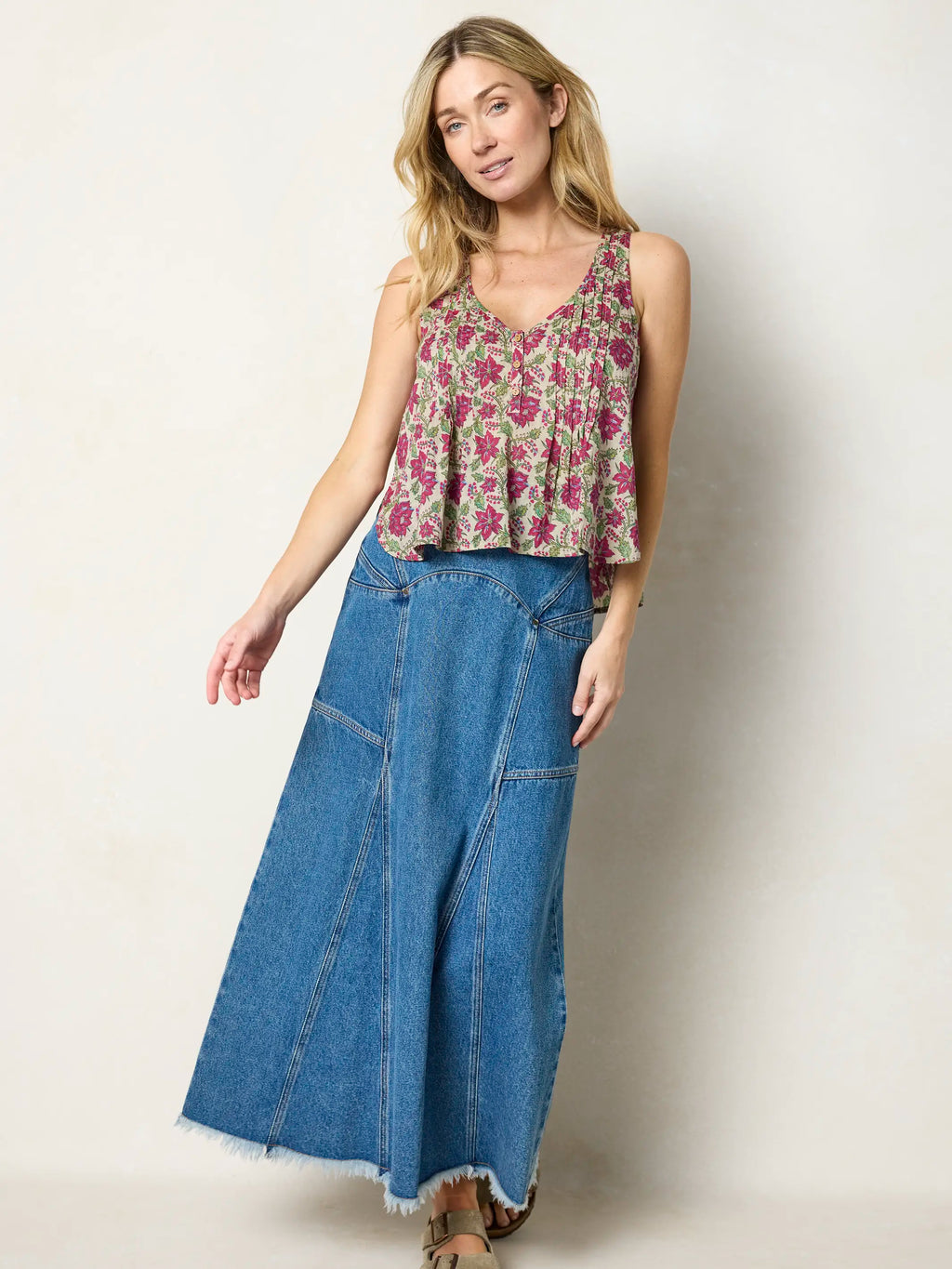 Savannah Cotton Sleeveless Top - Cream Pink Lotus