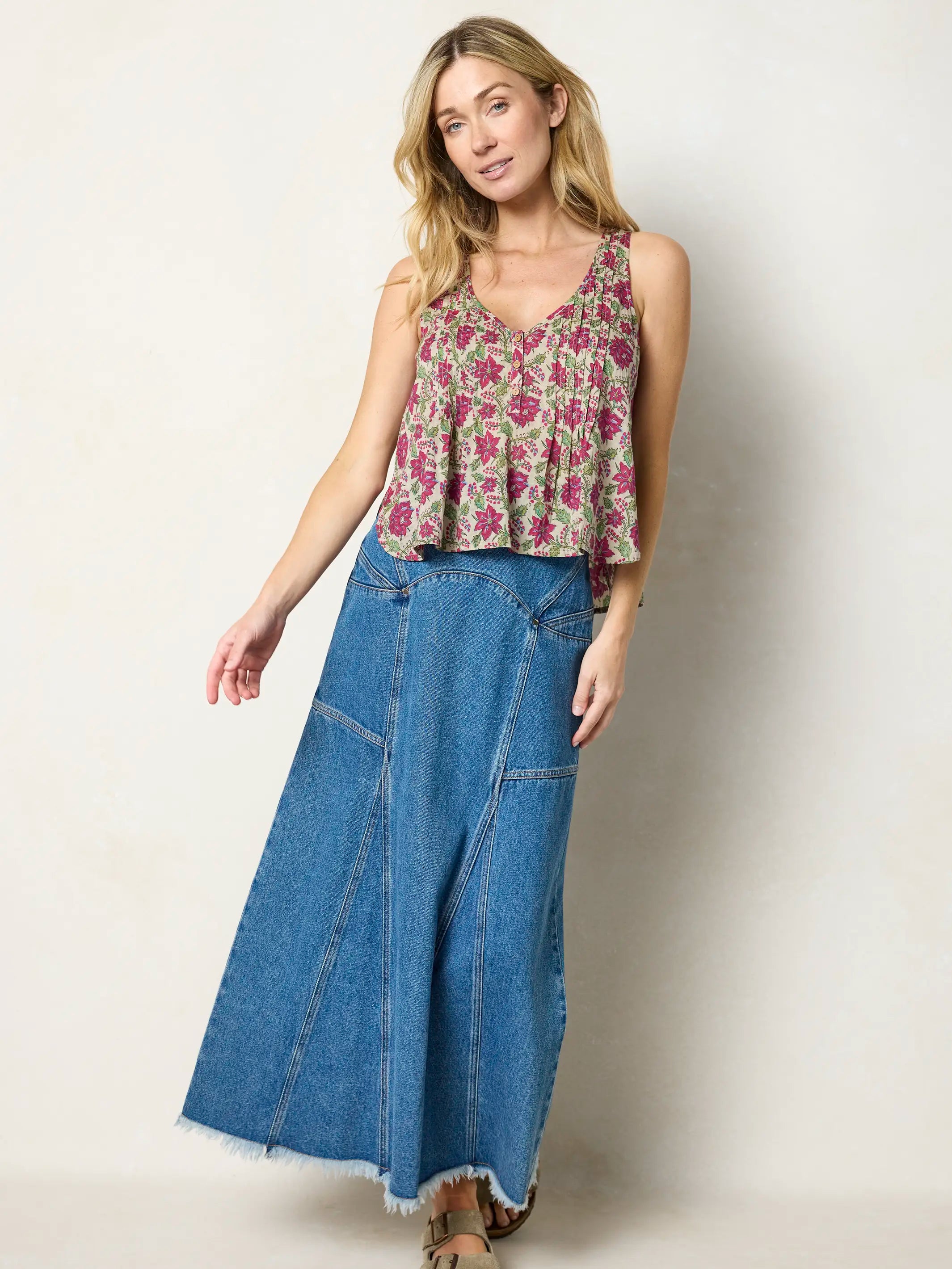 Savannah Cotton Sleeveless Top - Cream Pink Lotus