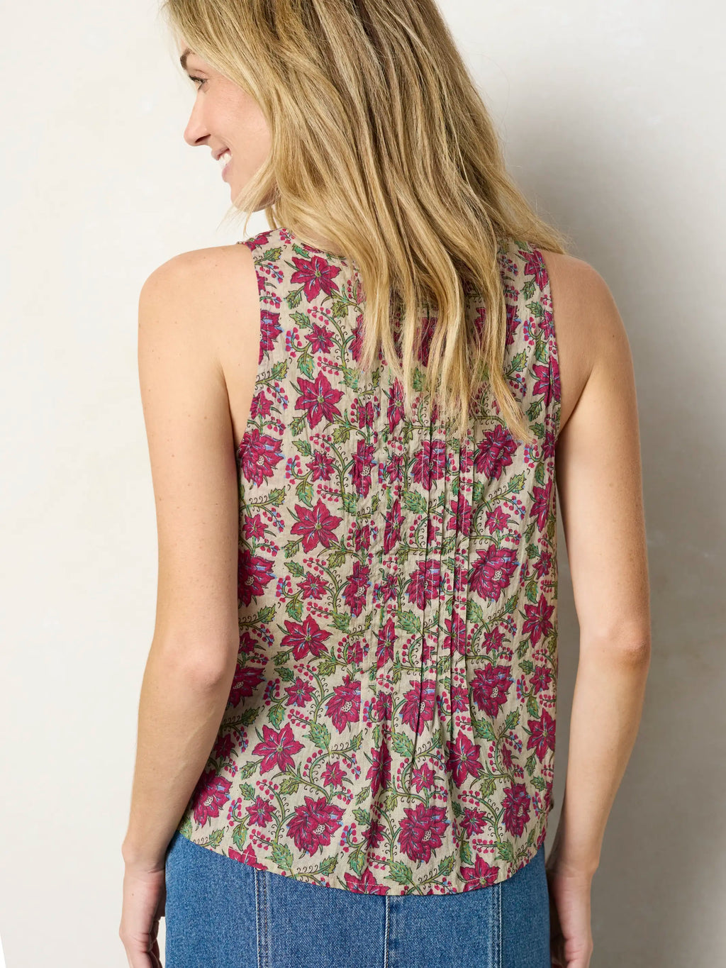 Savannah Cotton Sleeveless Top - Cream Pink Lotus