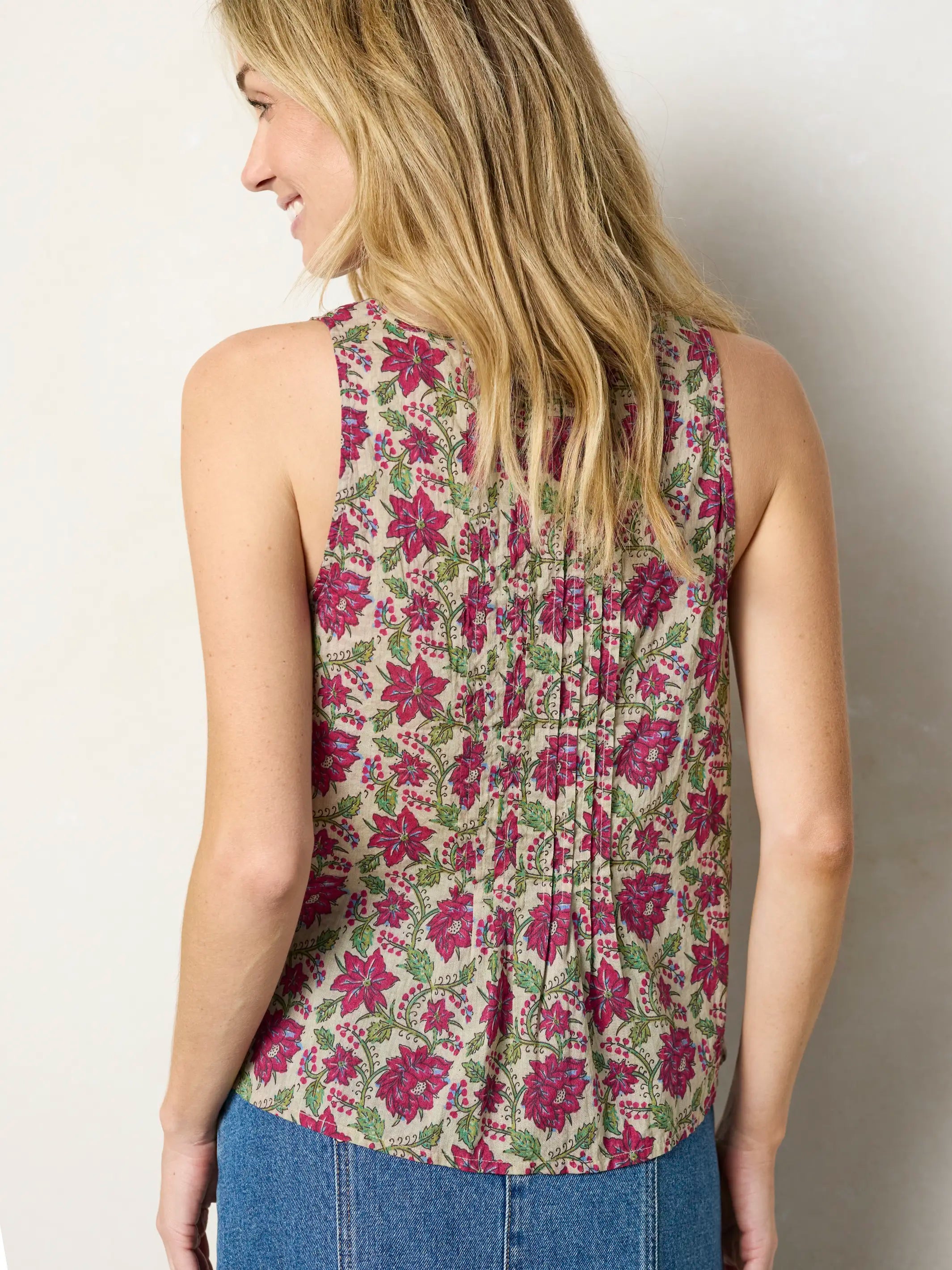 Savannah Cotton Sleeveless Top - Cream Pink Lotus