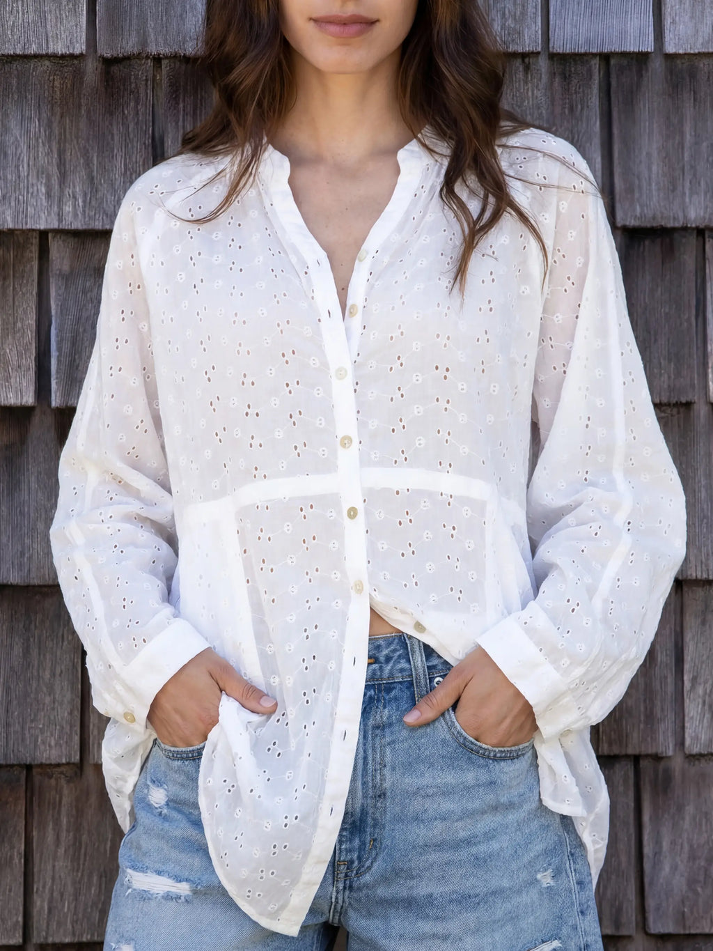 Laid Back Cotton Eyelet Button Down Top - White