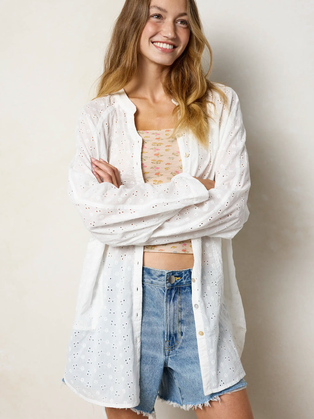 Laid Back Cotton Eyelet Button Down Top - White