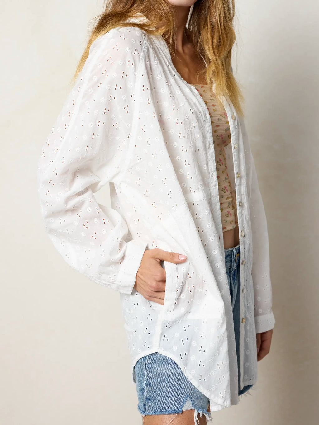 Laid Back Cotton Eyelet Button Down Top - White