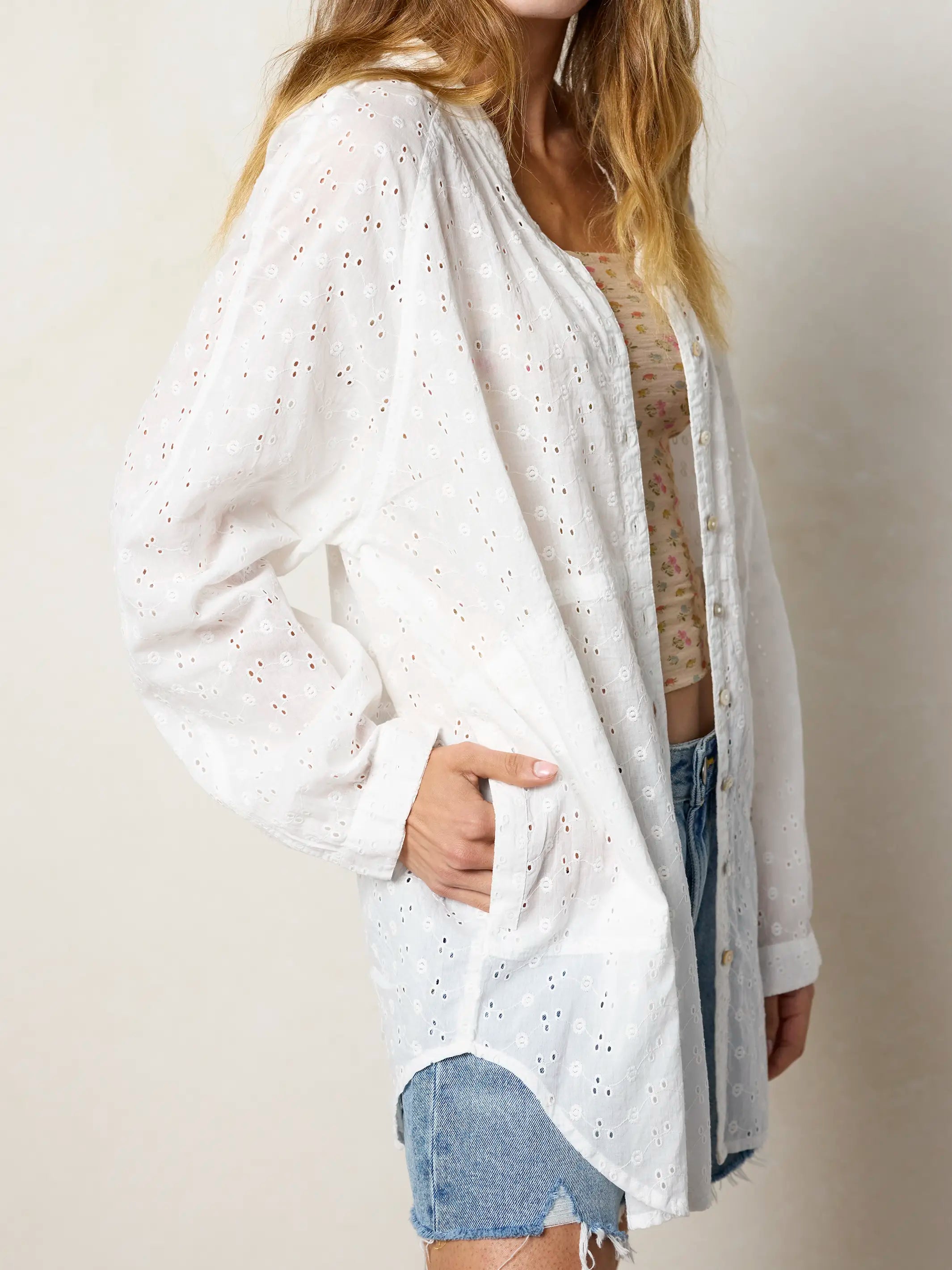 Laid Back Cotton Eyelet Button Down Top - White