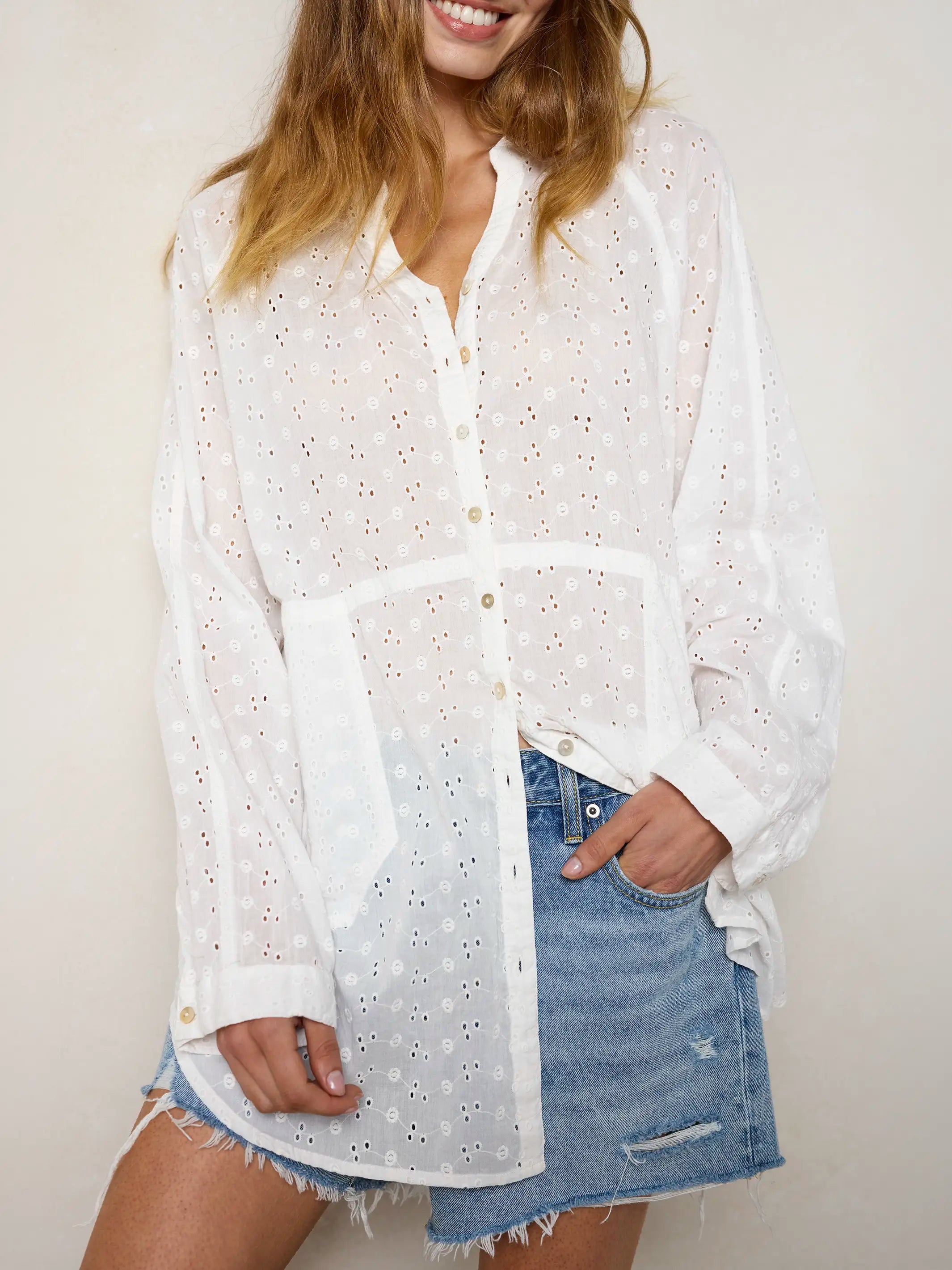 Laid Back Cotton Eyelet Button Down Top - White