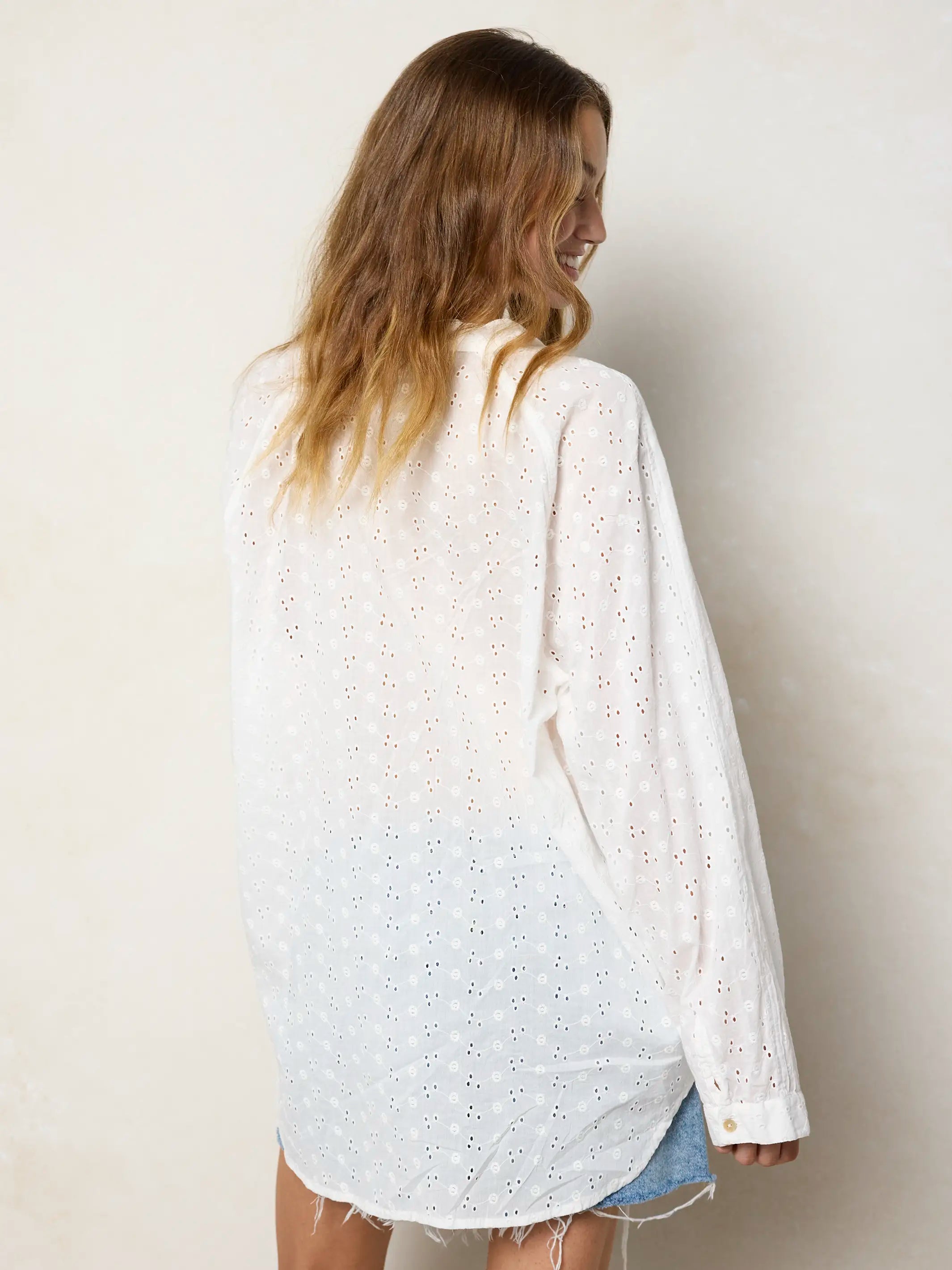 Laid Back Cotton Eyelet Button Down Top - White