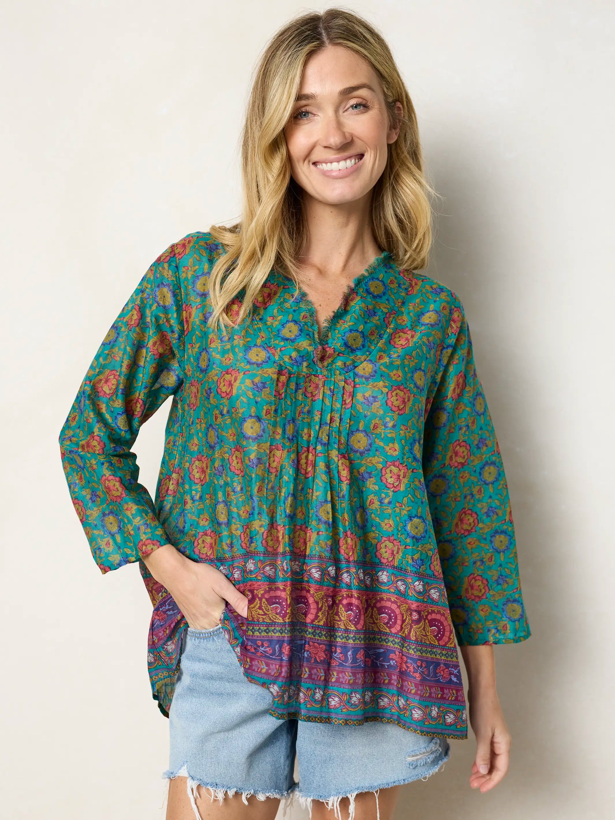 Cotton Tunic-In-A-Bag - Peony Border Teal