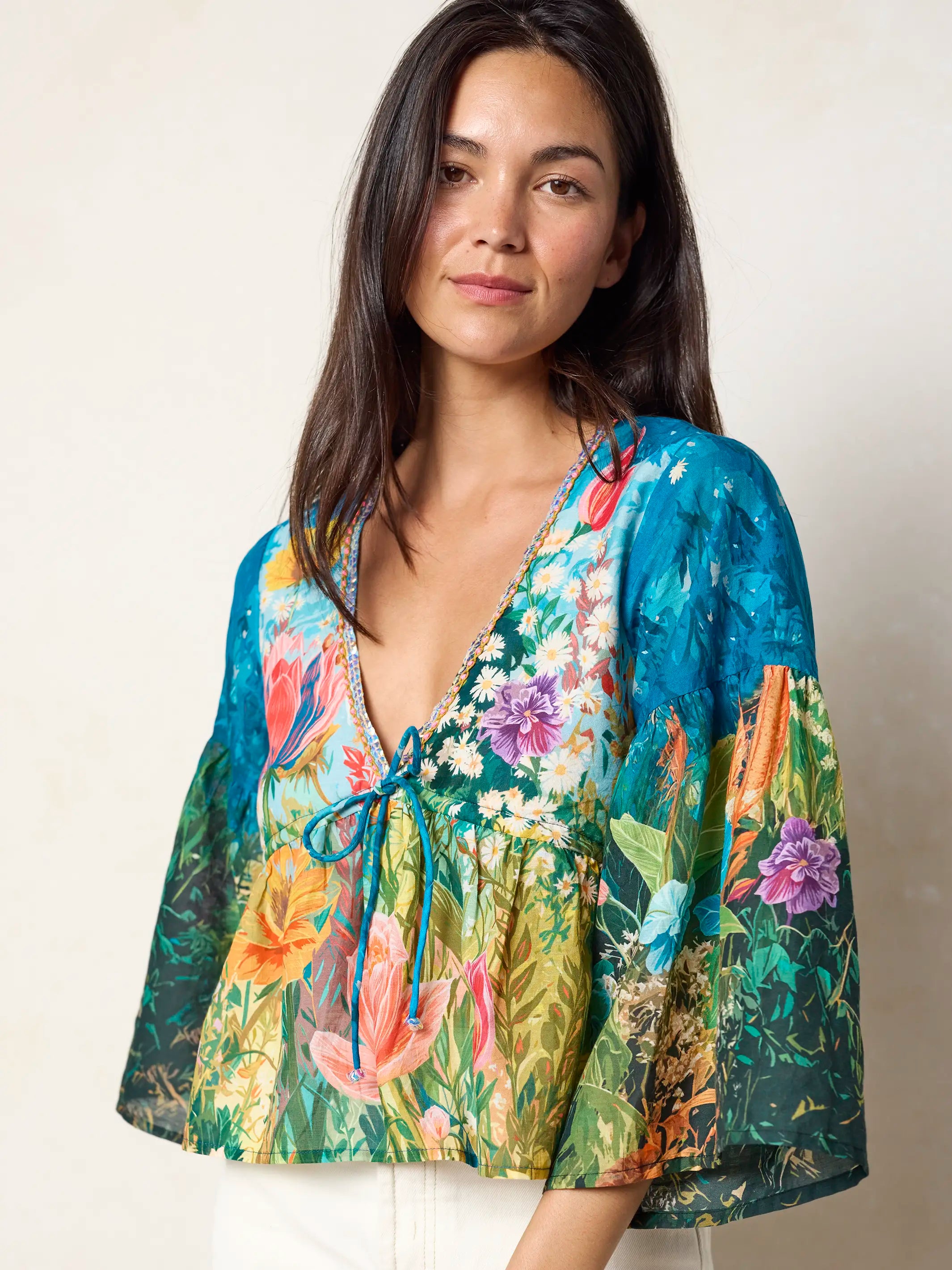 Isabella Cotton Top - Blue Whimsical Garden