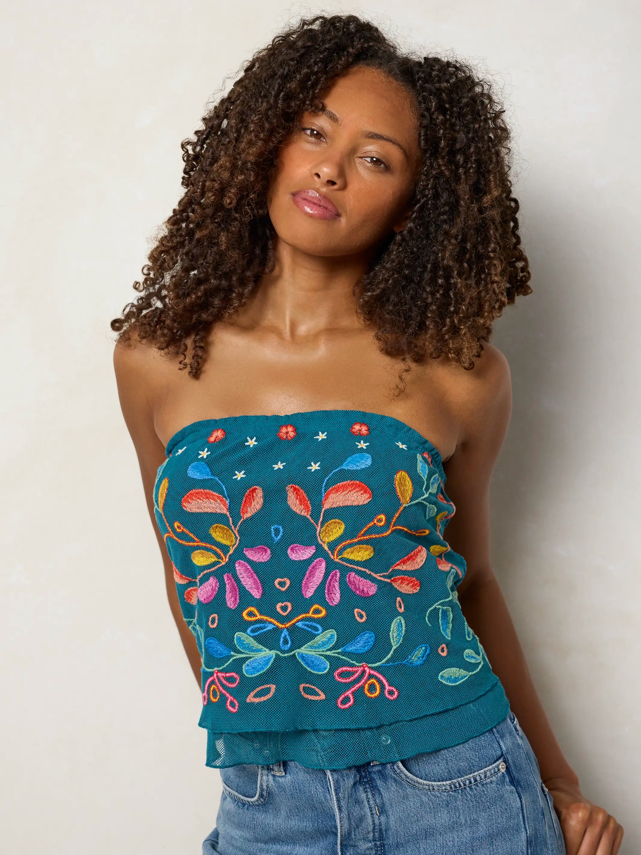 Sasha Embroidered Mesh Top - Teal Floral
