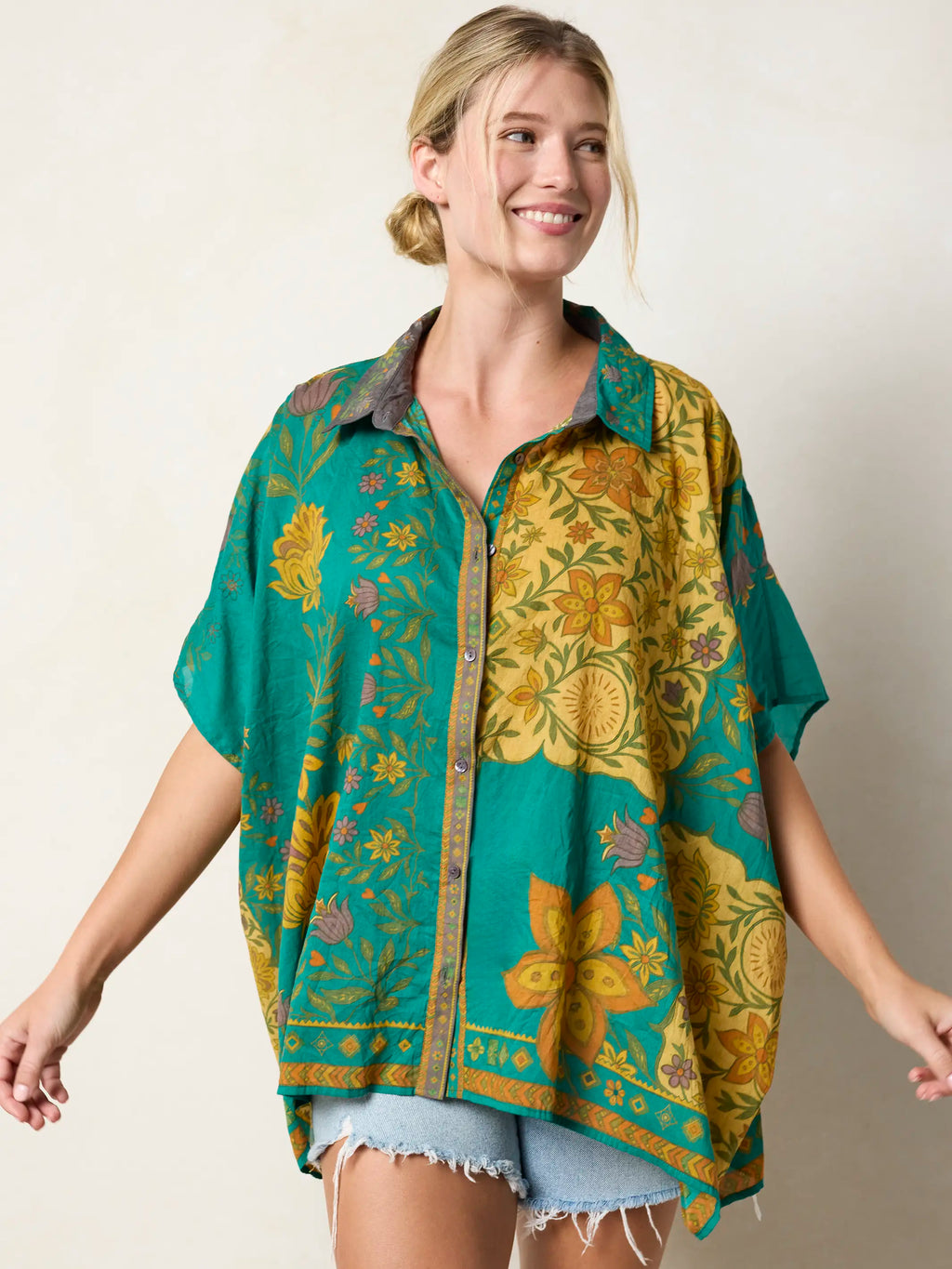 Kelly Oversized Cotton Button Down - Tan Floral Stamp