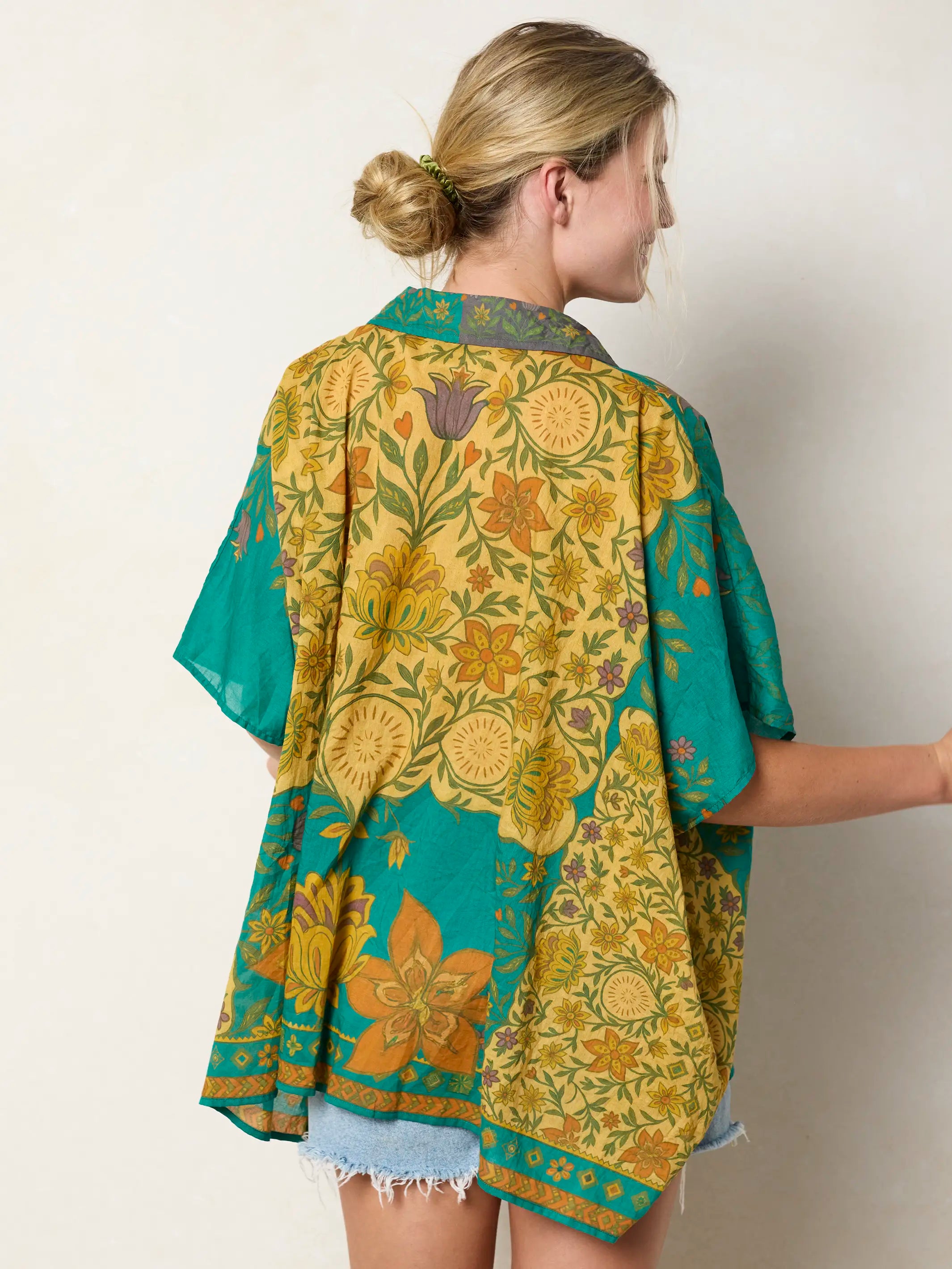 Kelly Oversized Cotton Button Down - Tan Floral Stamp