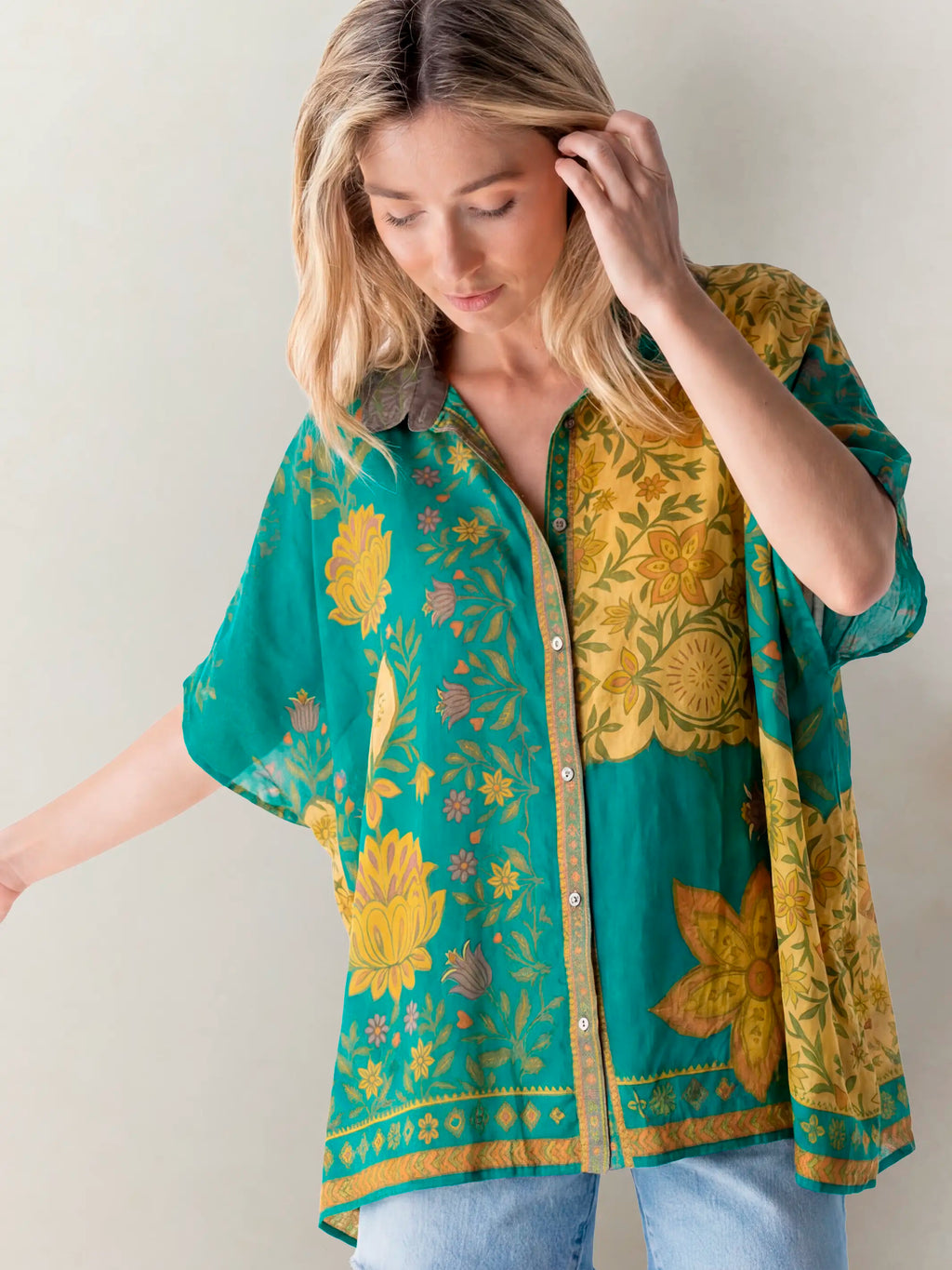 Kelly Oversized Cotton Button Down - Tan Floral Stamp