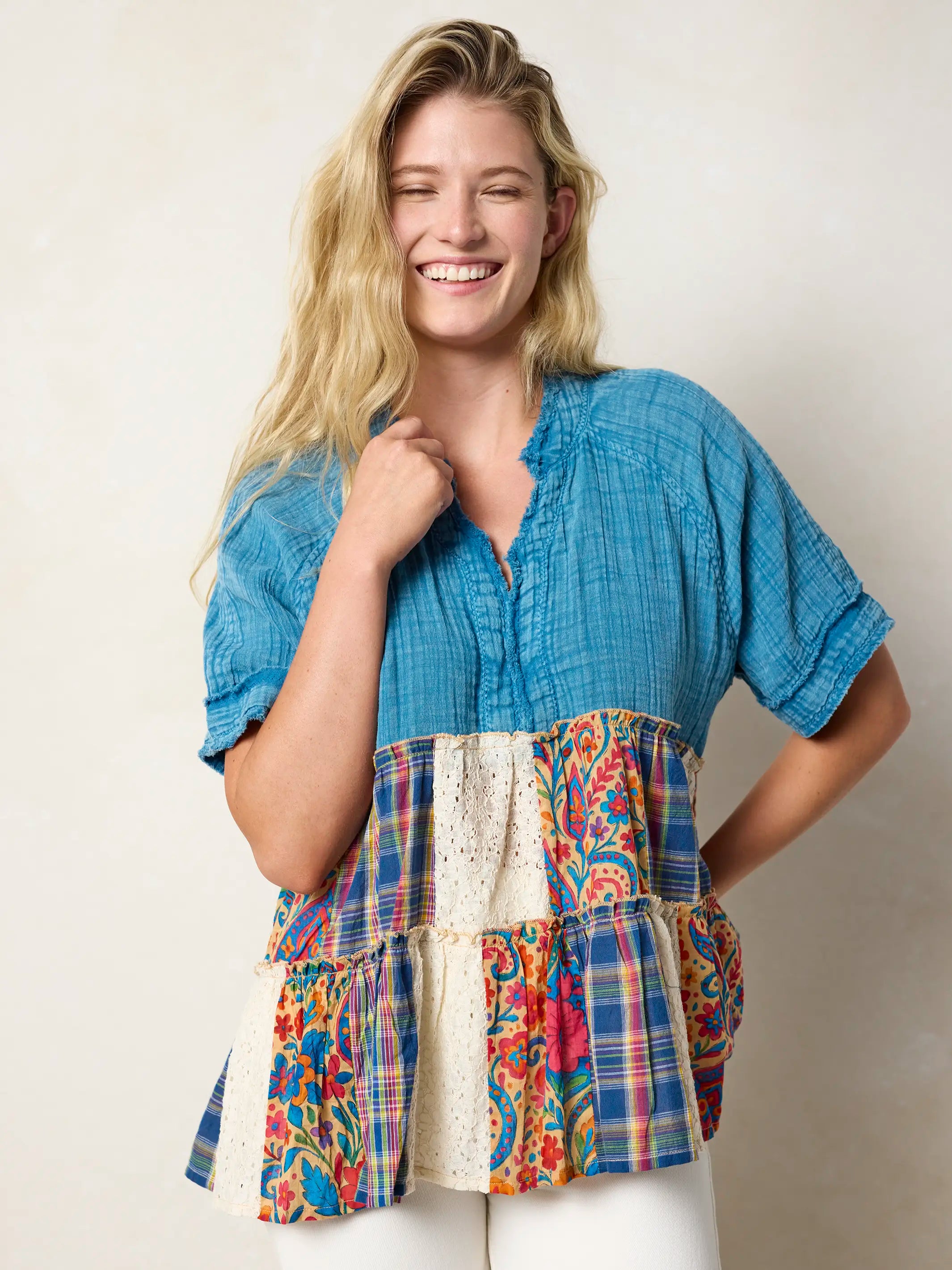 Ani Patchwork Top - Plaid Blue Fuchsia