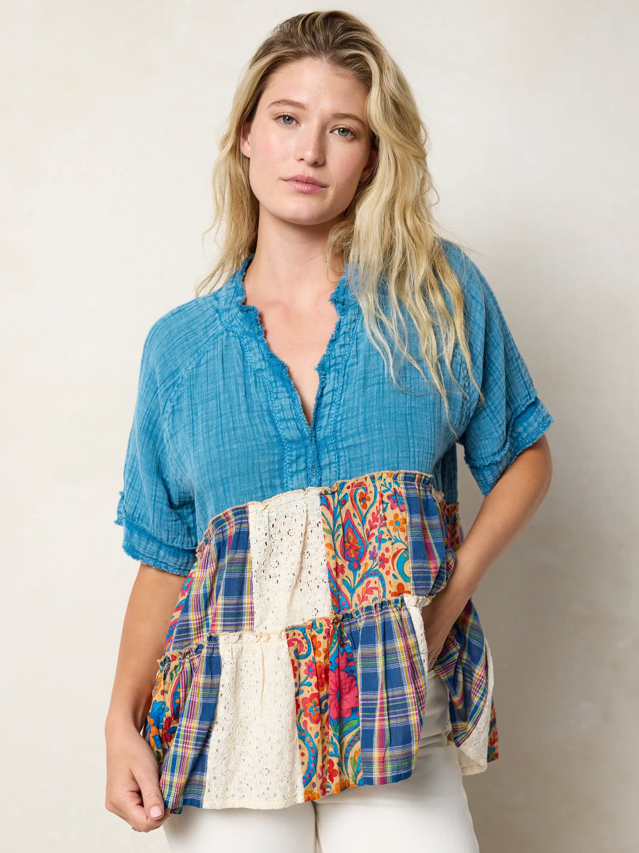Ani Patchwork Top - Plaid Blue Fuchsia