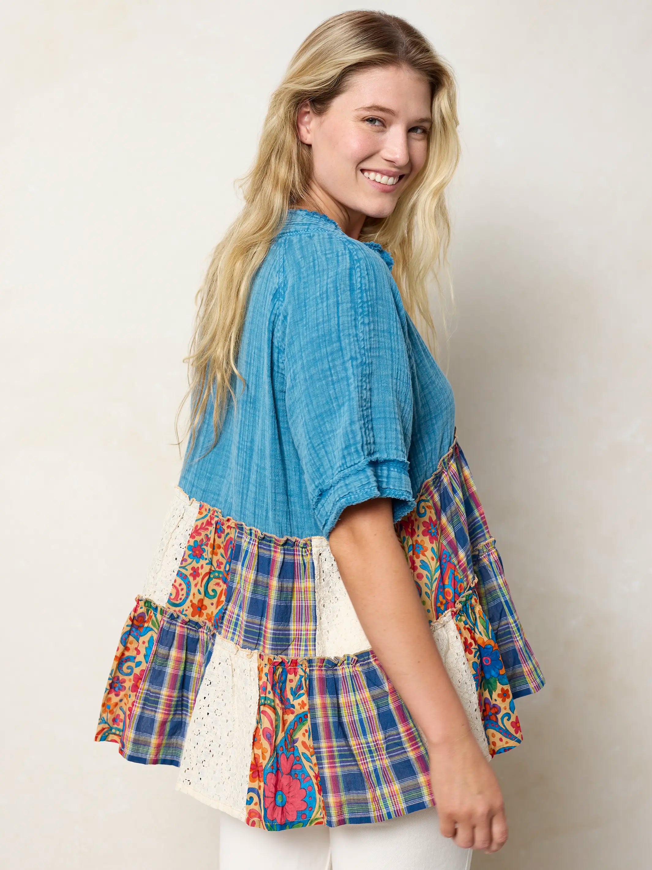 Ani Patchwork Top - Plaid Blue Fuchsia