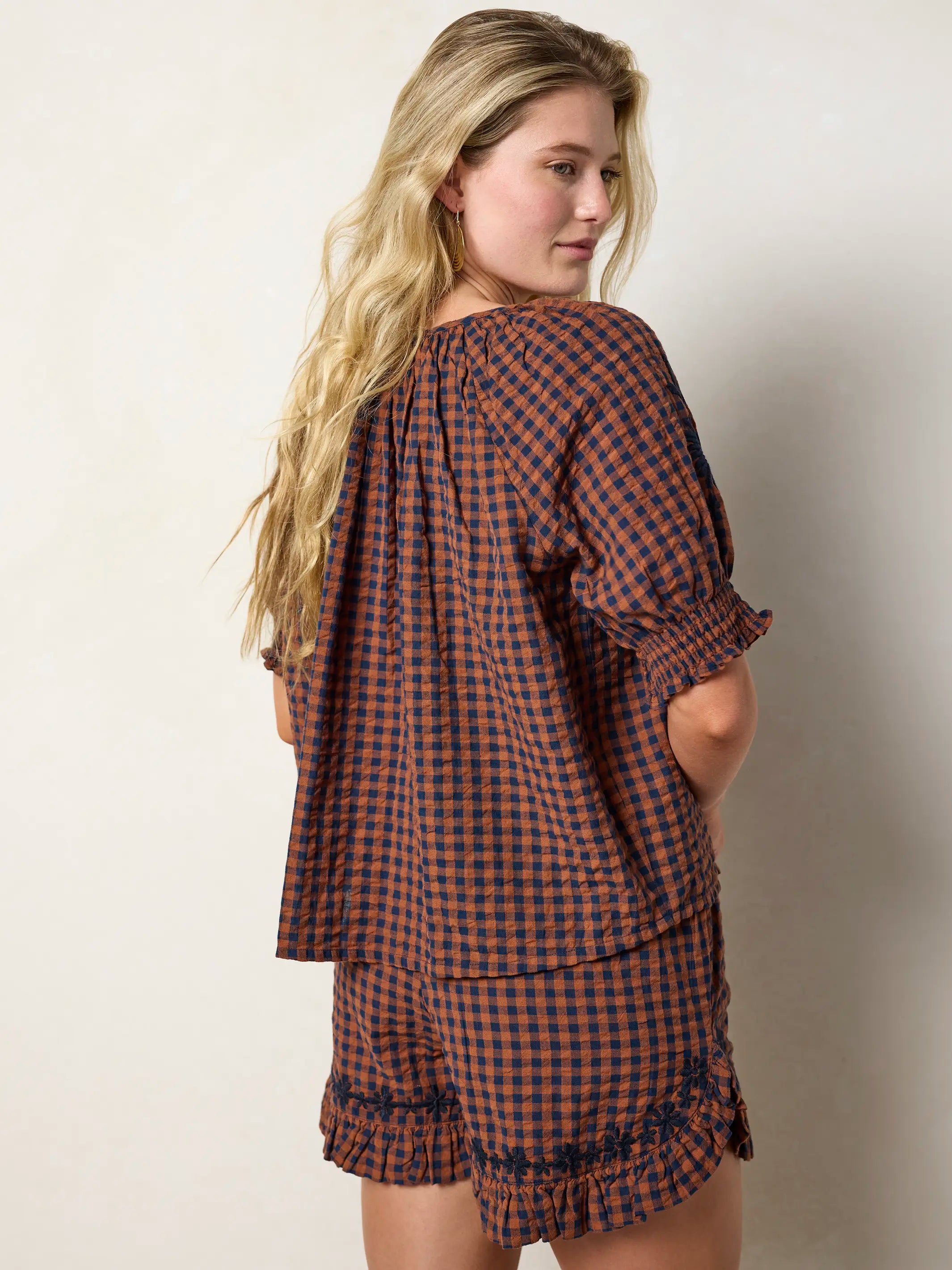 April Embroidered Cotton Top - Rust Gingham