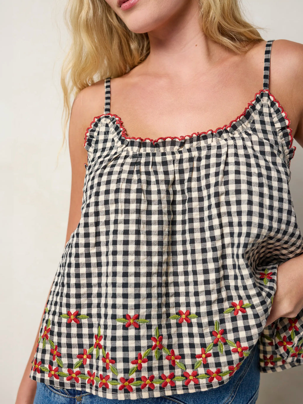 Harley Embroidered Cotton Top - Black Gingham