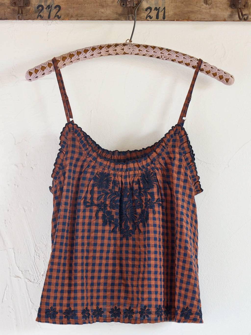 Harley Embroidered Cotton Top - Rust Gingham