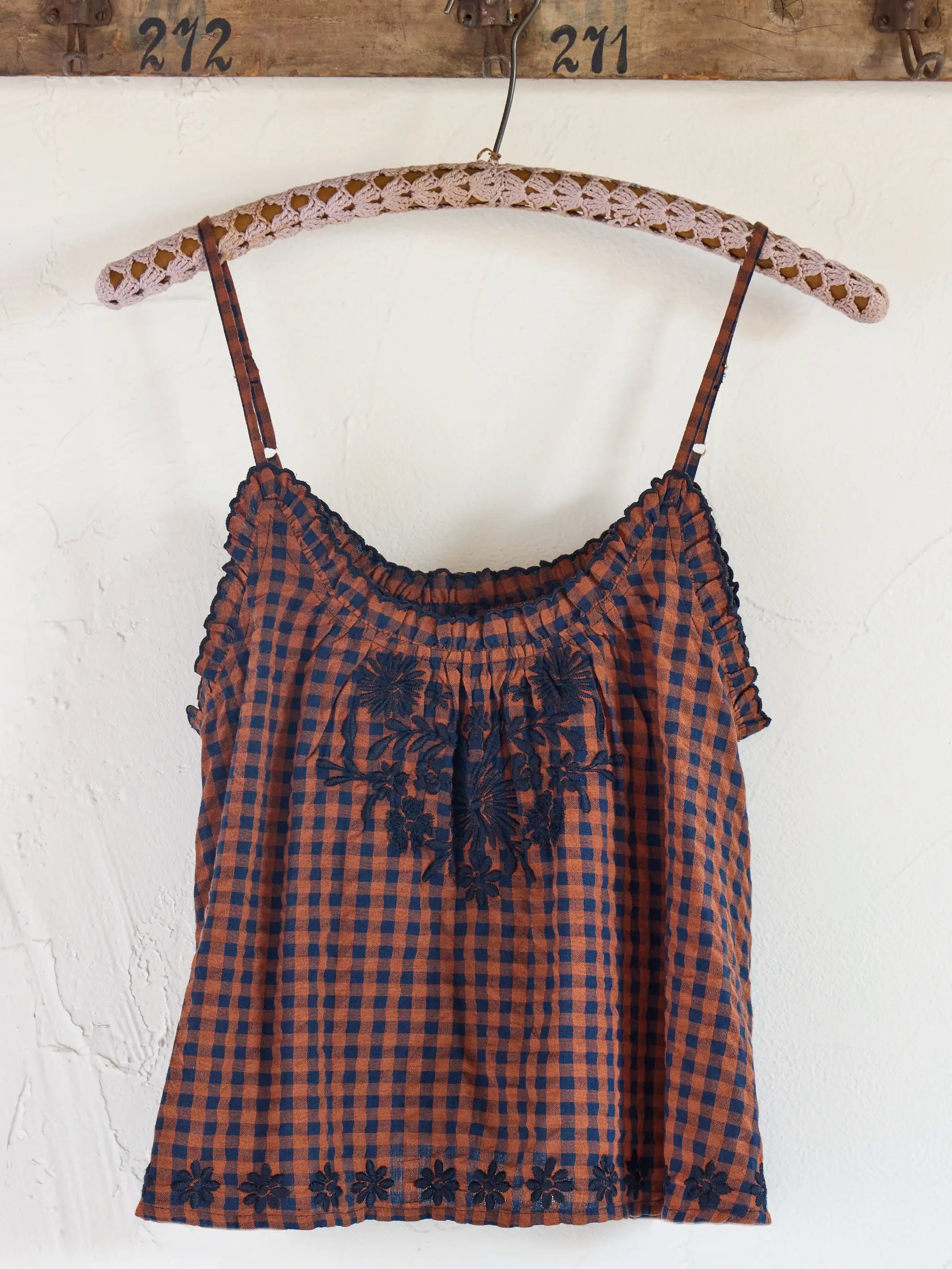 Harley Embroidered Cotton Top - Rust Gingham