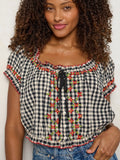 Cosi Embroidered Cotton Top - Black Gingham