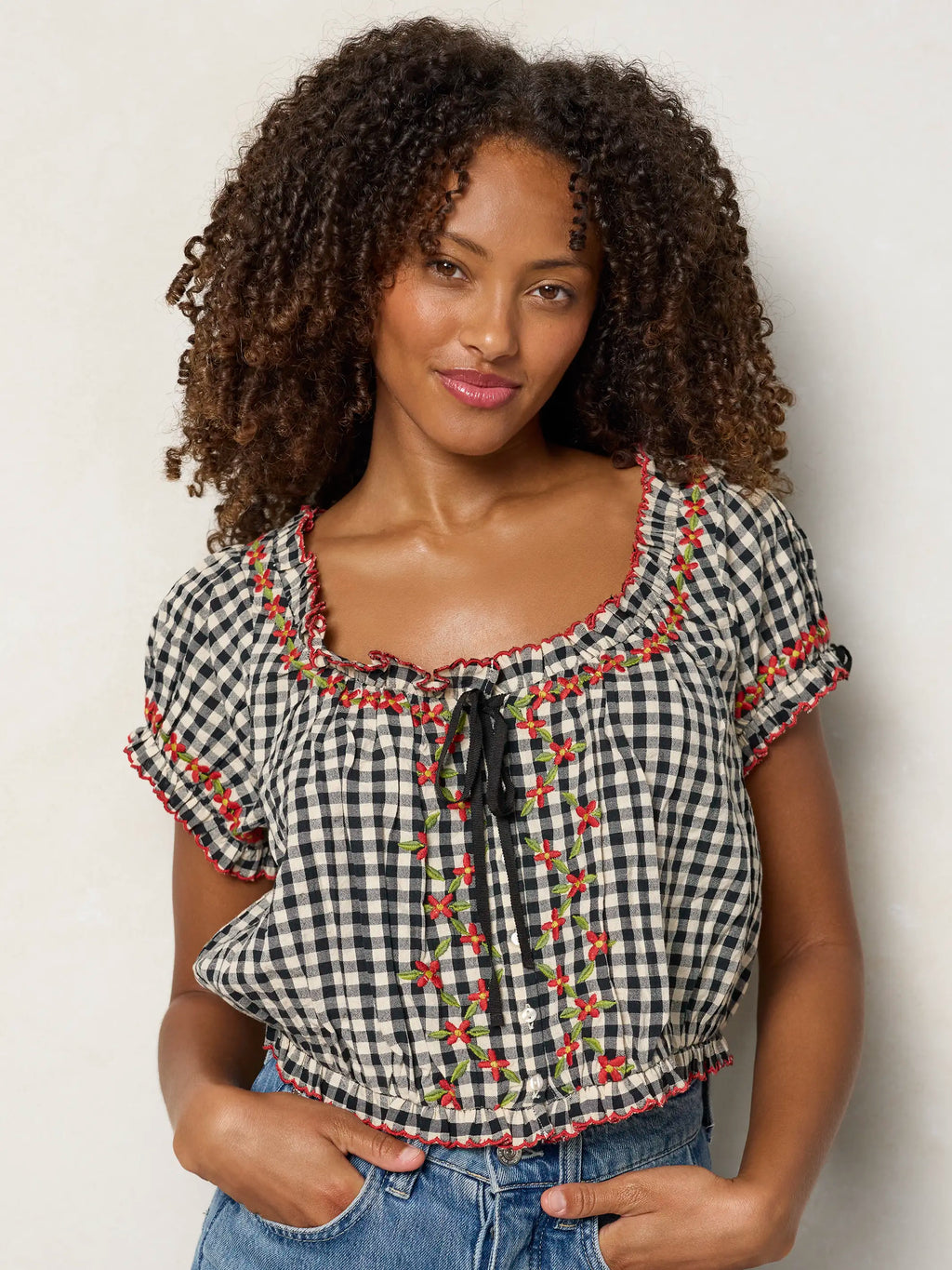 Cosi Embroidered Cotton Top - Black Gingham