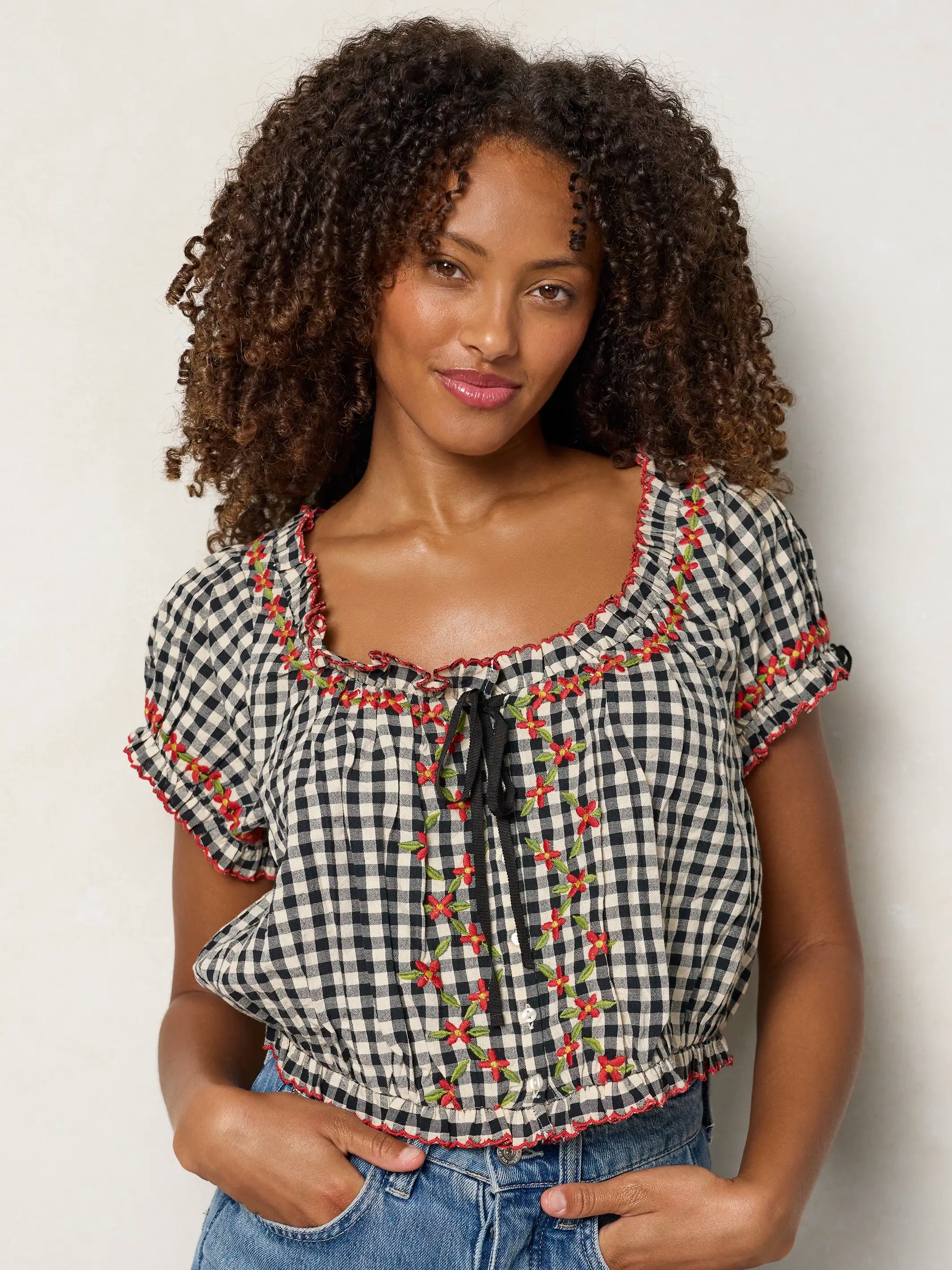 Cosi Embroidered Cotton Top - Black Gingham