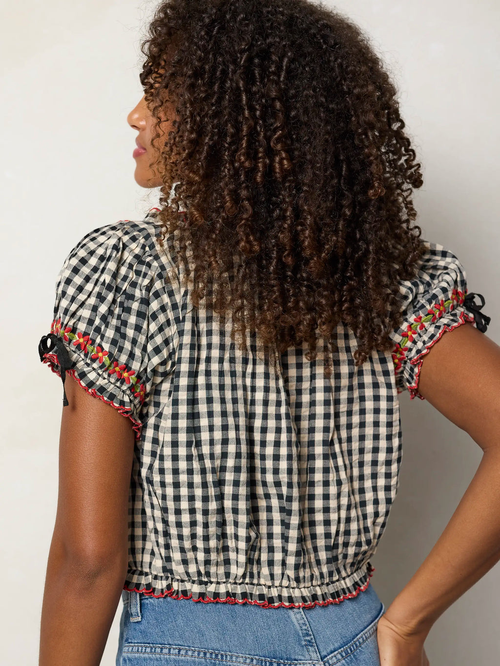 Cosi Embroidered Cotton Top - Black Gingham