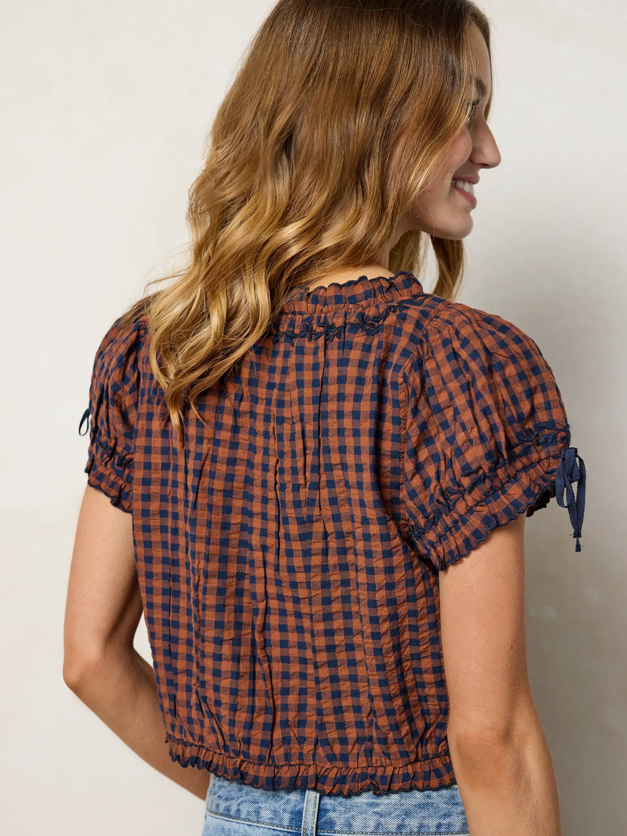 Cosi Embroidered Cotton Top - Rust Gingham