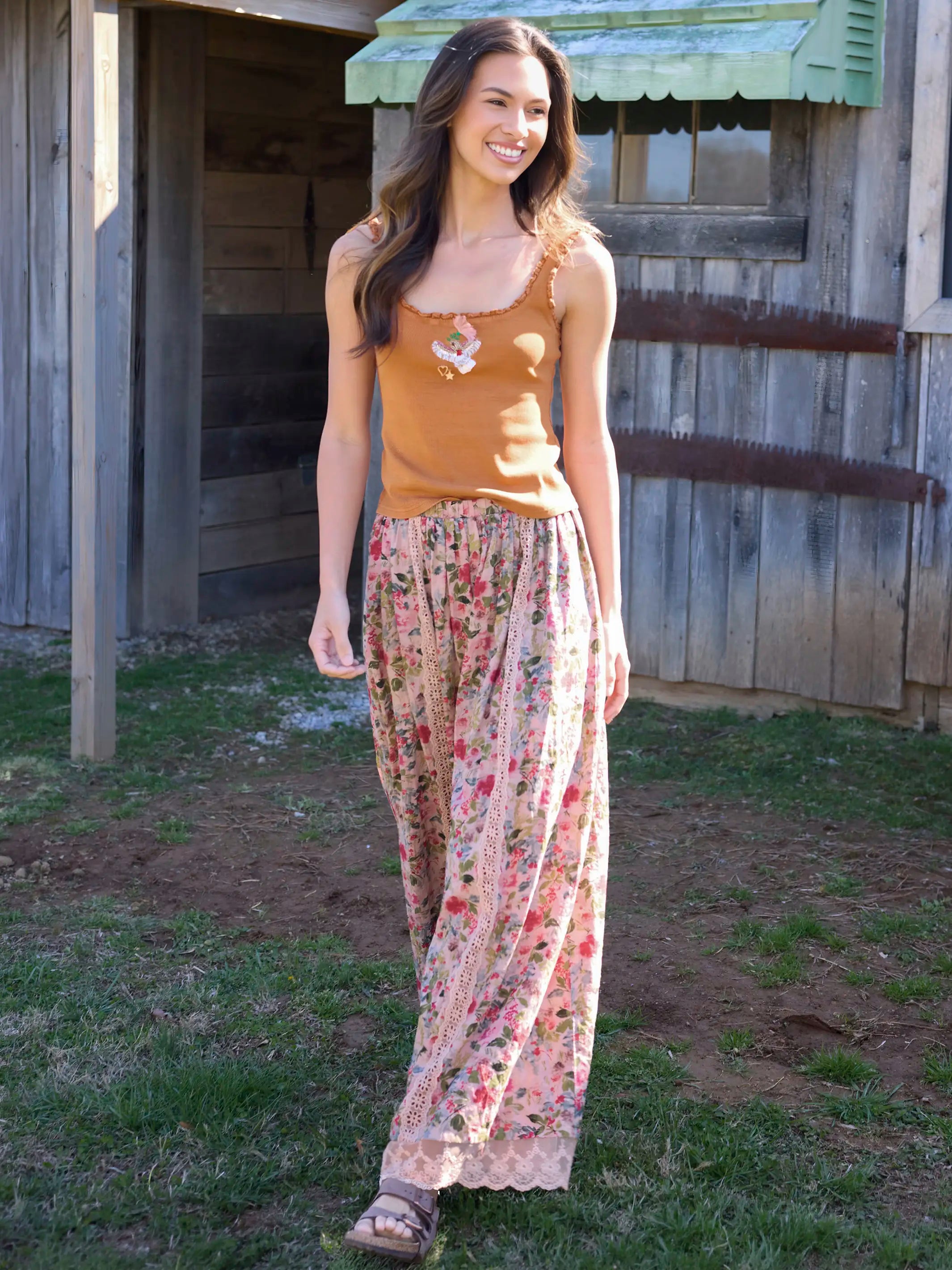 Adeline Wide-Leg Pants - Light Pink Bouquets