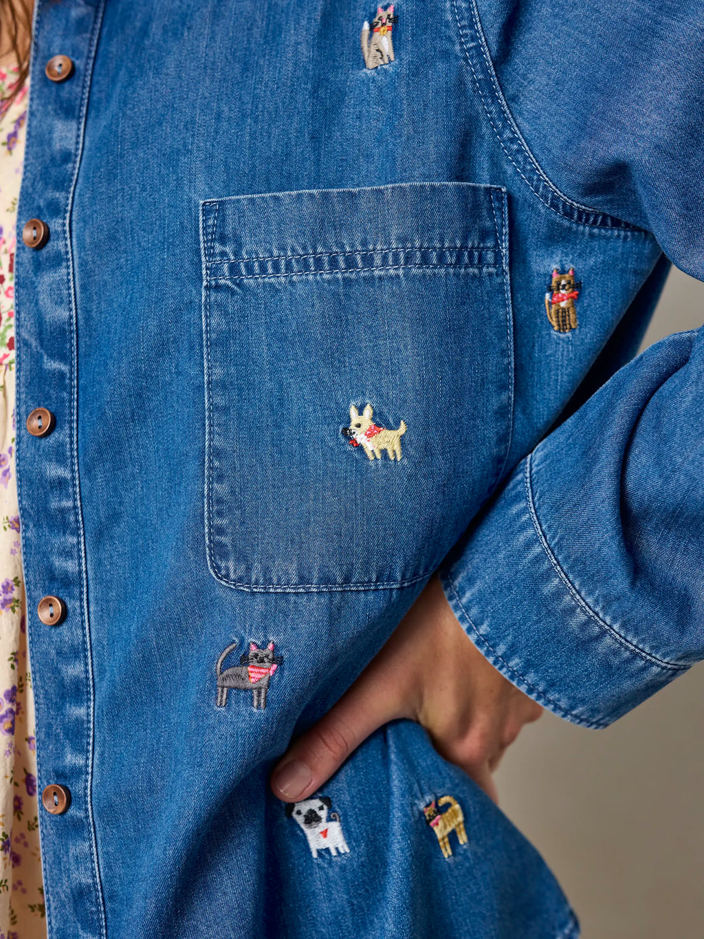 Fave Little Things Embroidered Shirt - Denim Pets